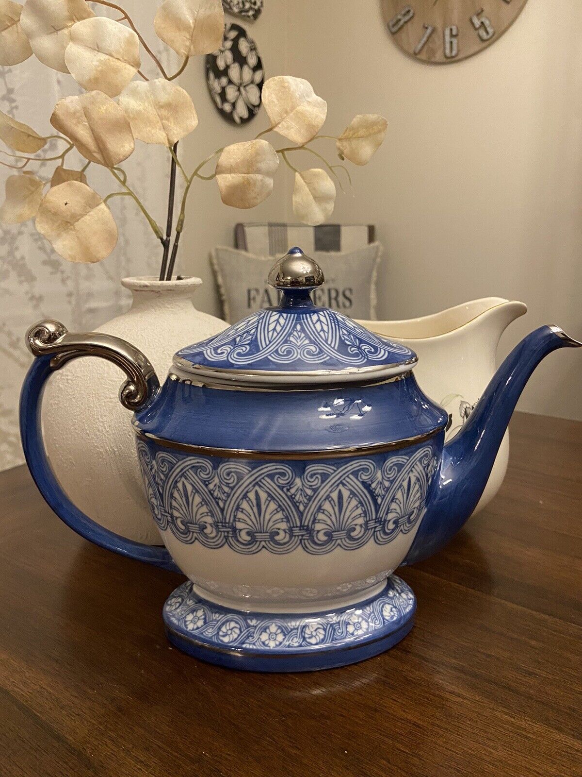 Vintage Bombay 8 inch Blue and White with Silver Platinum Trim Teapot
