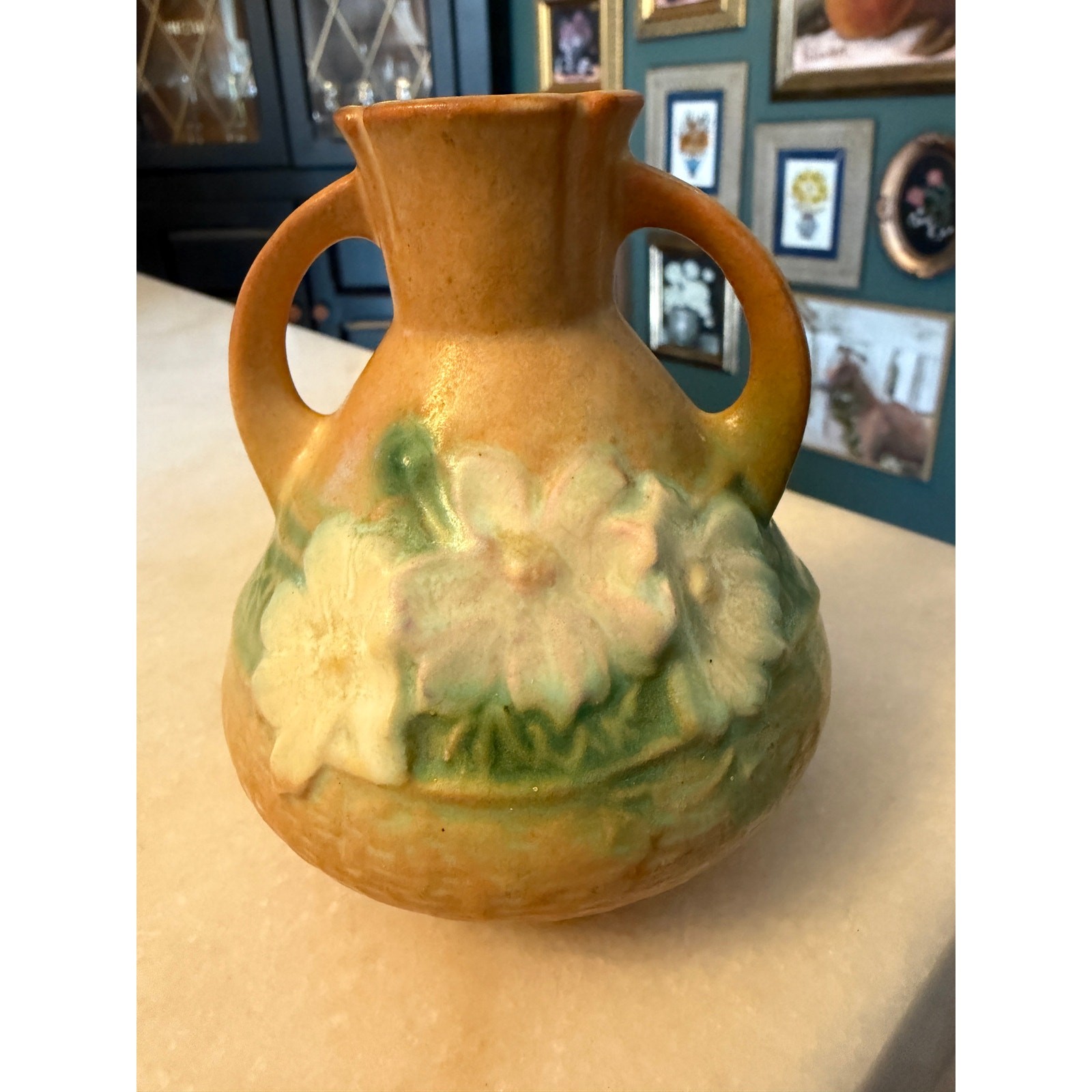 Roseville Pottery Cosmos Tan Green Two Handled Vase Vintage 1940s Art Pottery Roseville Pottery Cosmos Tan Green Two Handled Vase Vintage 1940s Art Pottery