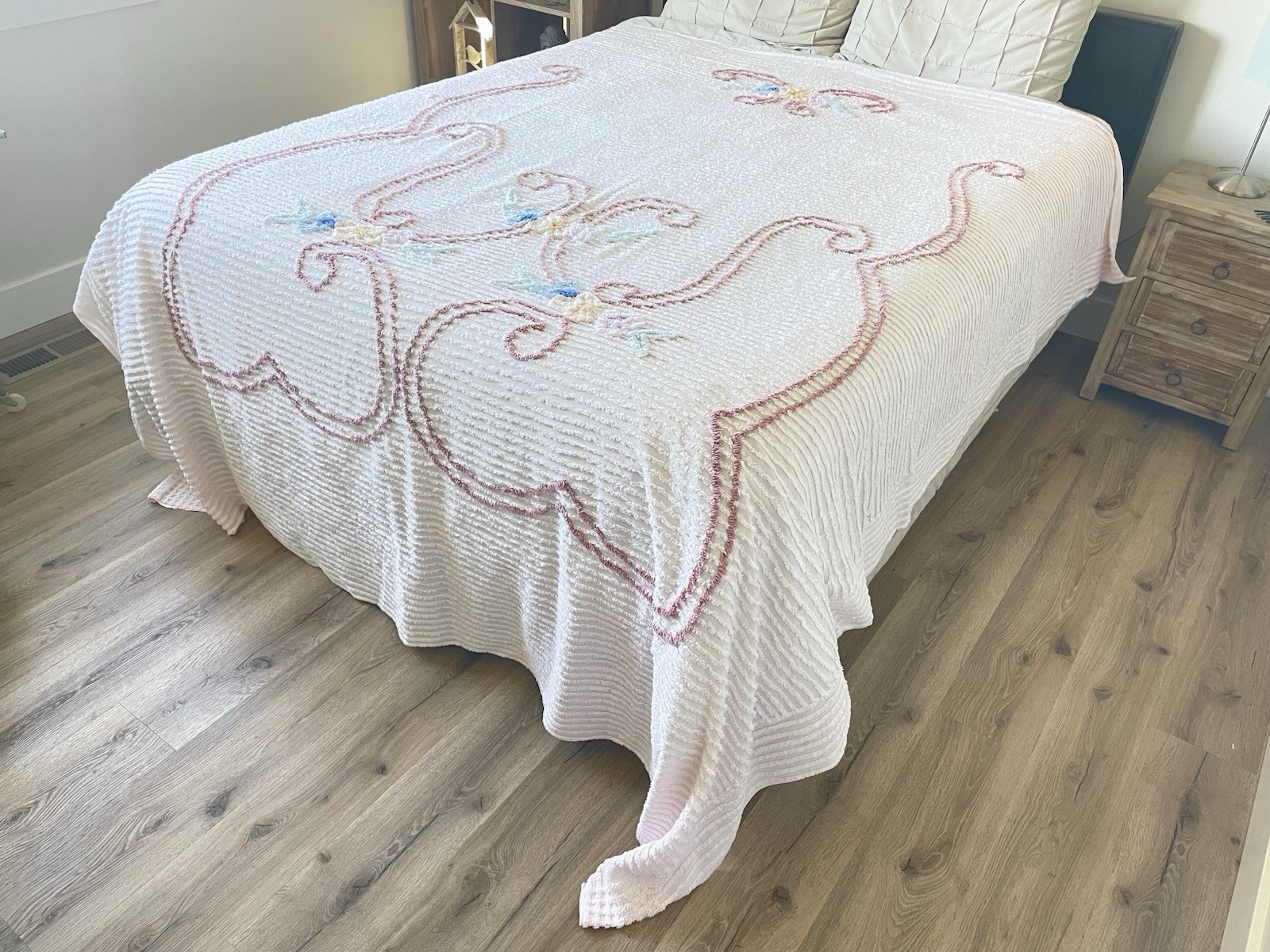 Vintage Chenille Bedspread Pink Floral Scroll Cottage Chic Mid Century As Is