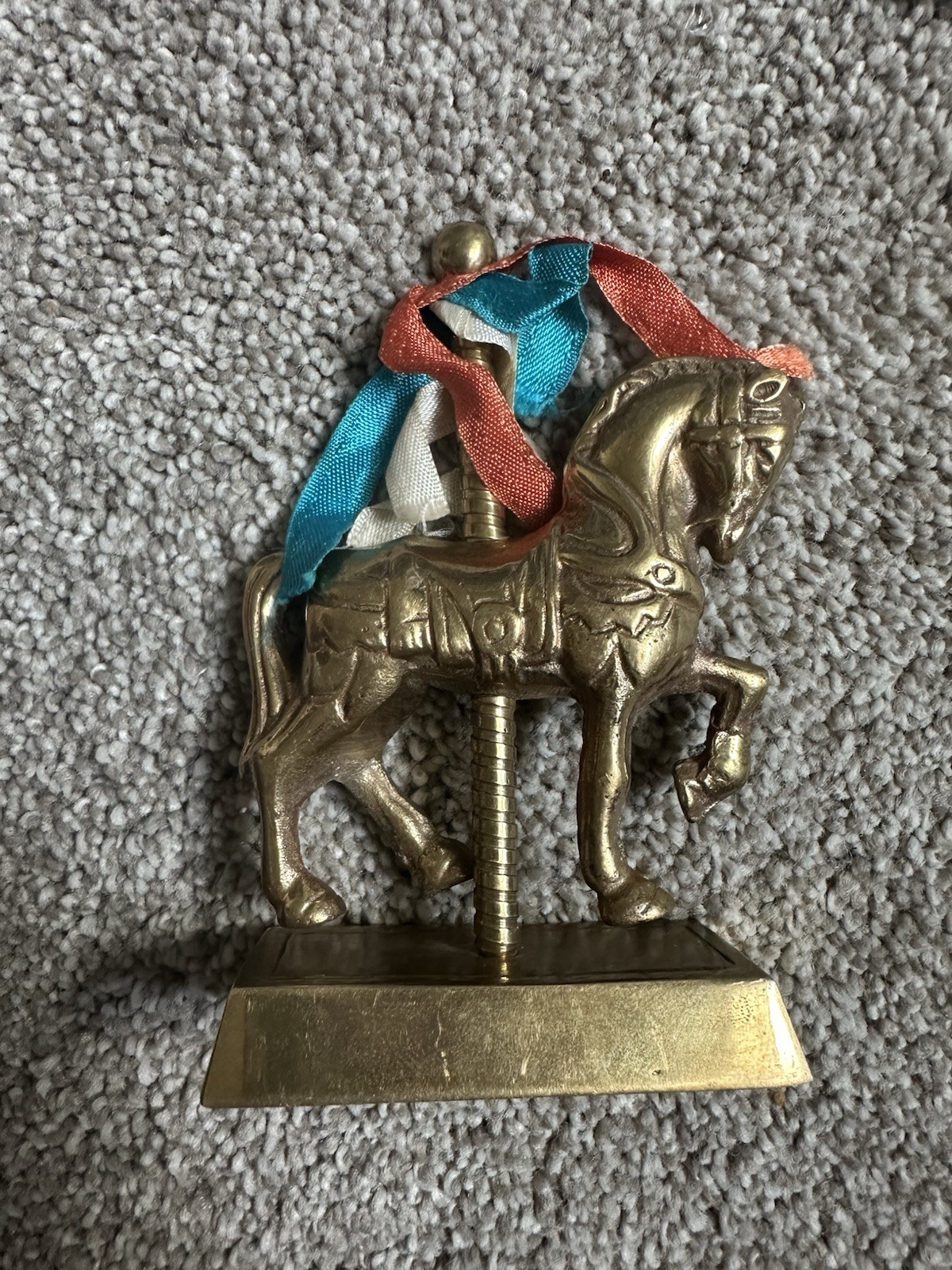 Solid Brass Carousel Horse Figurine Made in India Vintage Style Ribbon Decor