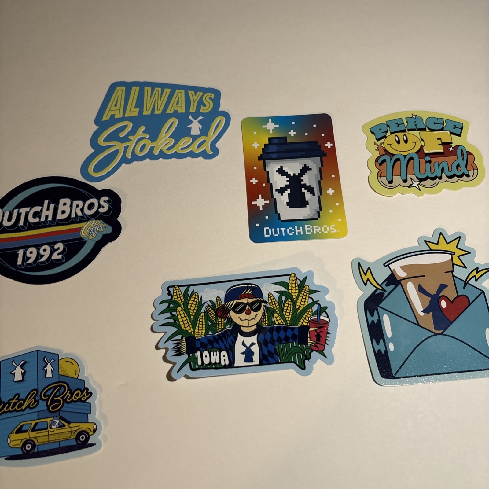 Lot Of 7 Dutch Bros Stickers Iowa Grand opening stickers Rare Scarecrow corn Lot Of 7 Dutch Bros Stickers Iowa Grand opening stickers Rare Scarecrow corn