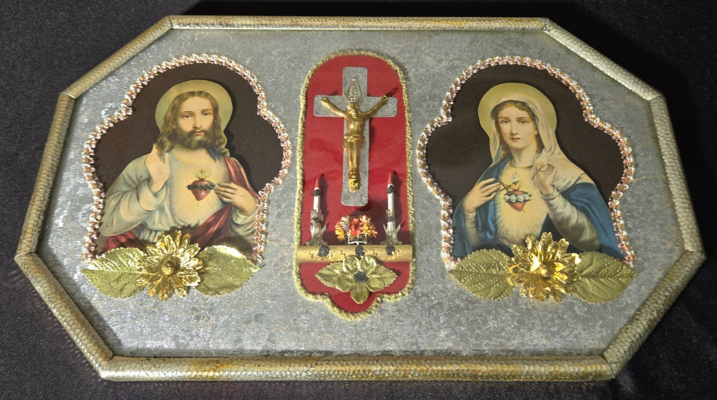 Vintage Sacred Heart Jesus Immaculate Heart Mary Shadow Box Shrine Crucifix 18in Vintage Sacred Heart Jesus Immaculate Heart Mary Shadow Box Shrine Crucifix 18in