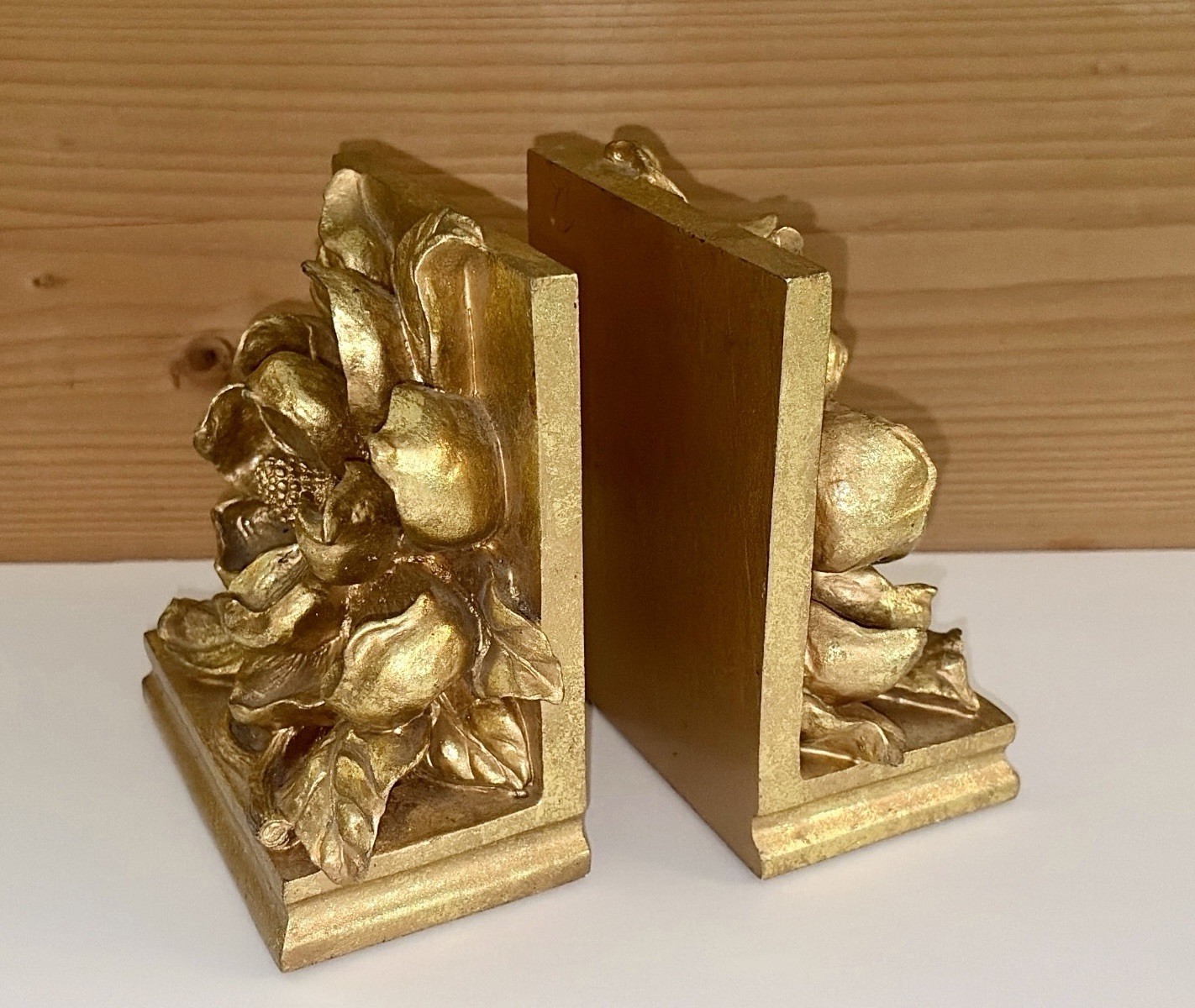 Vintage 1995 Gold Magnolia Blossom Bookends- Heavy Resin