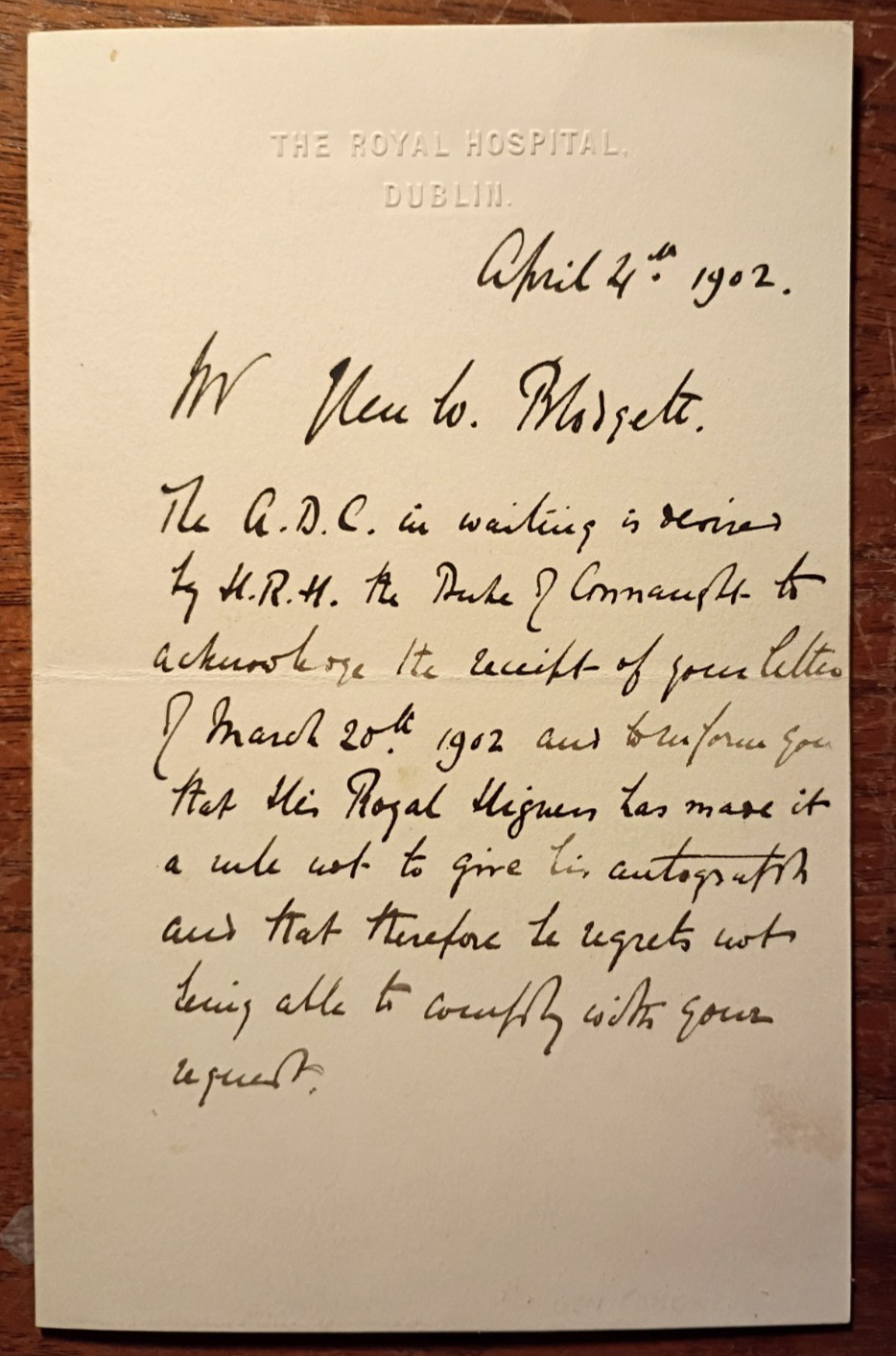 Prince Arthur-Duke of Connaught (1850-1942) 1902 Aide-de-Camp Handwritten Letter Prince Arthur-Duke of Connaught (1850-1942) 1902 Aide-de-Camp Handwritten Letter