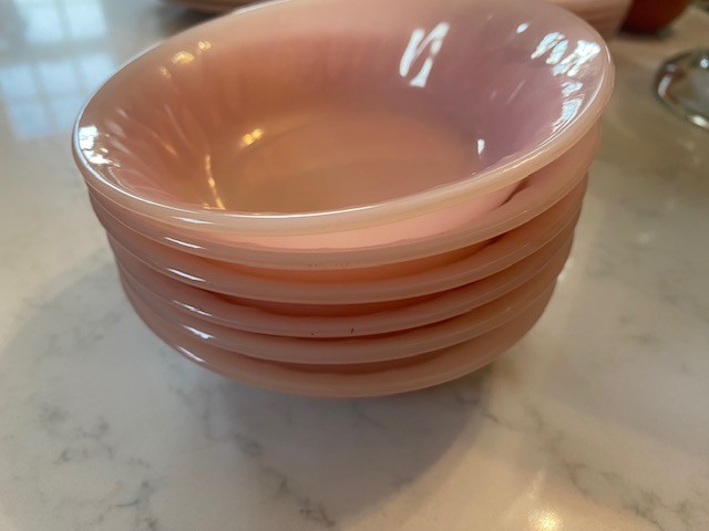 Vtg Fire King Oven Ware 1950s Lot Of 6 Dessert Berry Bowls Pink Swirl USA Made