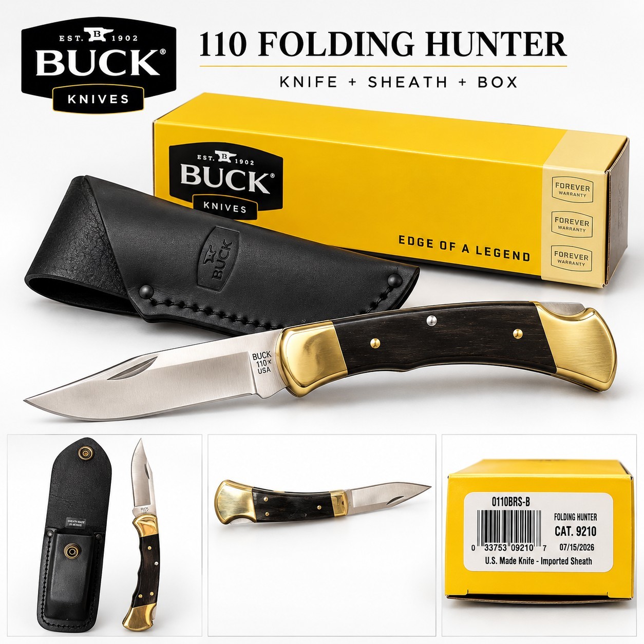 Brand New Buck 110 Folding Hunter 0110BRS-B Ebony Handle Knife w/ Sheath Box USA Brand New Buck 110 Folding Hunter 0110BRS-B Ebony Handle Knife w/ Sheath Box USA