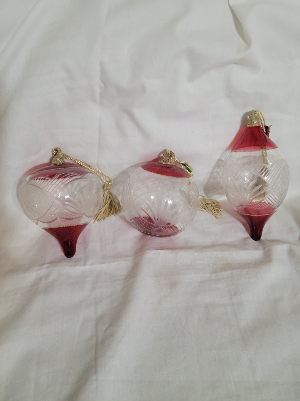 3 Vntg Marquis By Waterford Christmas Ornaments Cut Crystal Clear/Red