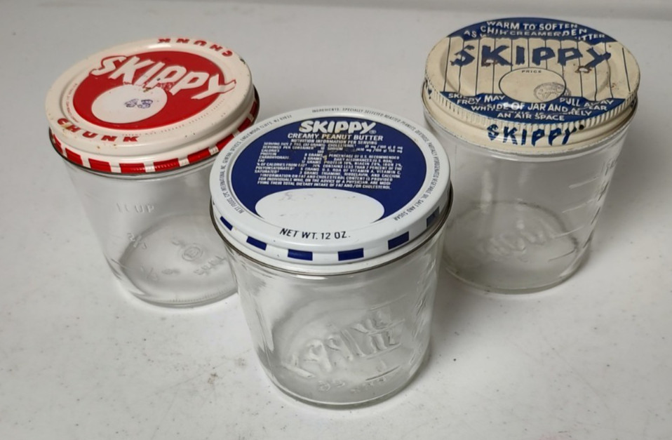 Lot of 3 Vintage Skippy Peanut Butter Glass Jars with Lids Collectables Lot of 3 Vintage Skippy Peanut Butter Glass Jars with Lids Collectables