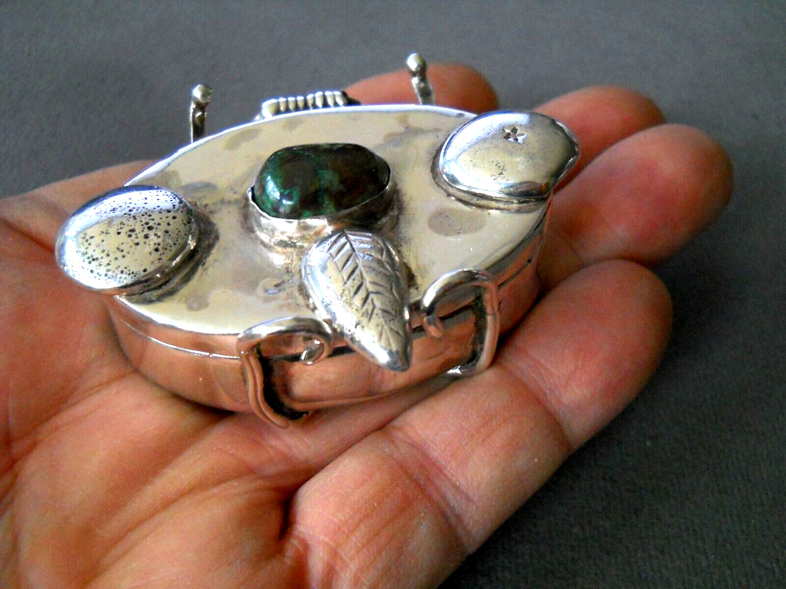 Rare Heavy Handmade Southwestern Chrysocolla Sterling Silver Pill Box 2.3" 82g