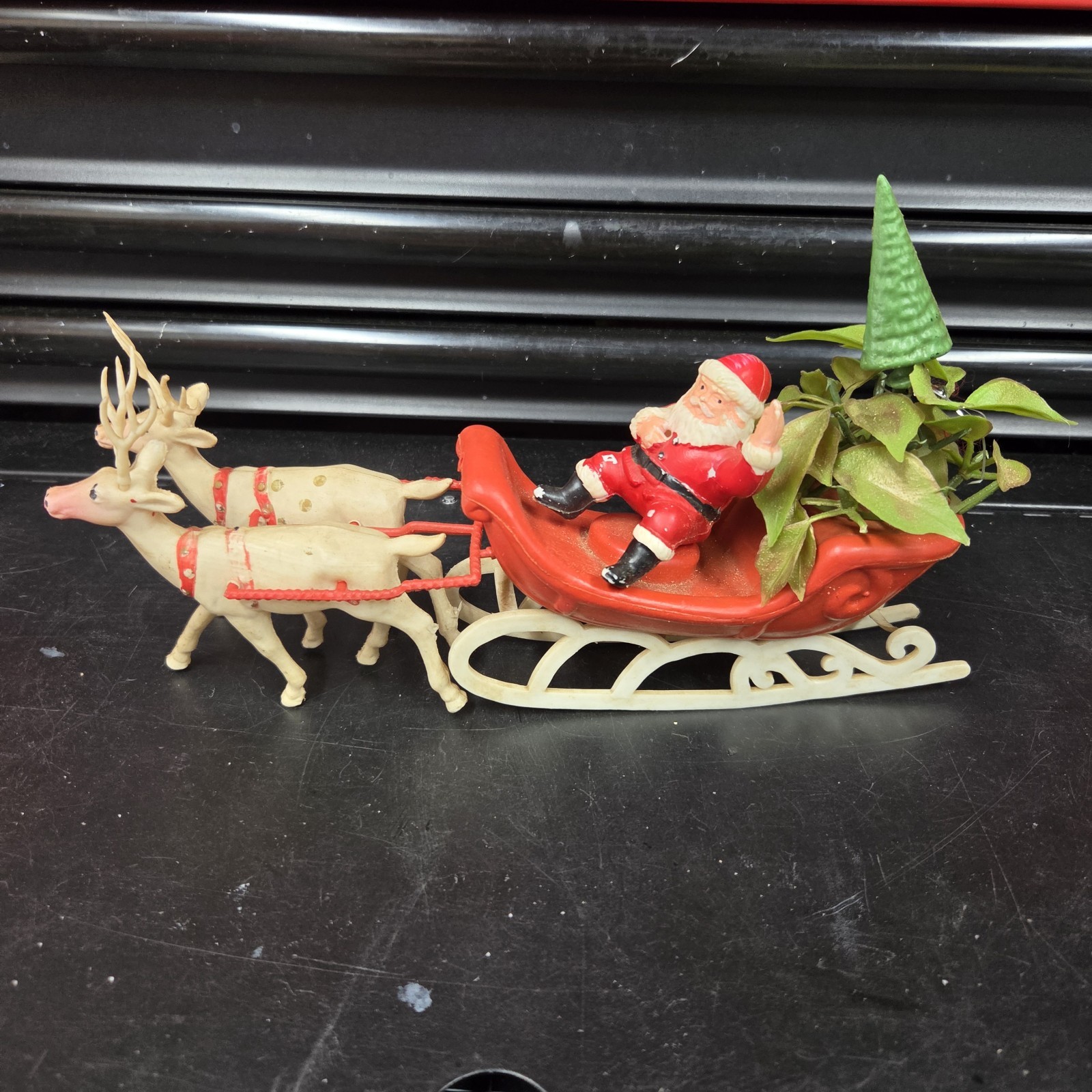 Mid Century Plastic Christmas Santa on Sleigh & Reindeer Display Vntg Hong Kong Mid Century Plastic Christmas Santa on Sleigh & Reindeer Display Vntg Hong Kong