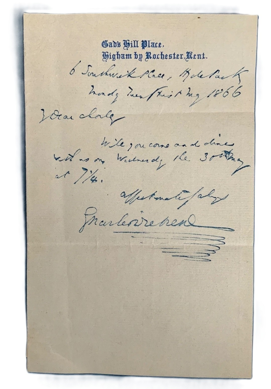 Charles Dickens Signed Handwritten 1866 Letter to Henry Fothergill Chorley GRAD