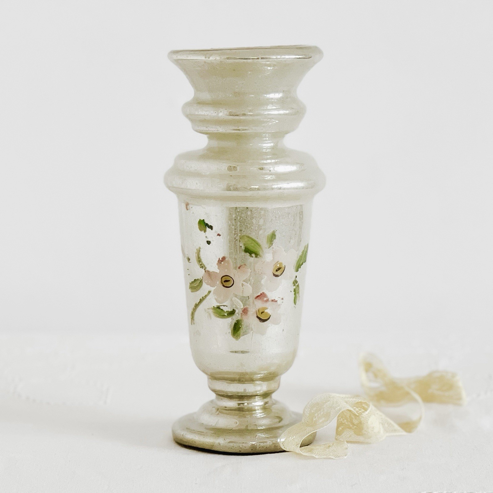 Antique Mercury Glass Vase With Hand Painted Flowers Cottagecore Decor Antique Mercury Glass Vase With Hand Painted Flowers Cottagecore Decor