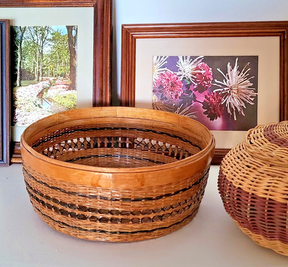 VTG Basket Bamboo Wicker 10" Large Handwoven Round Brown Black 70s Collector USA