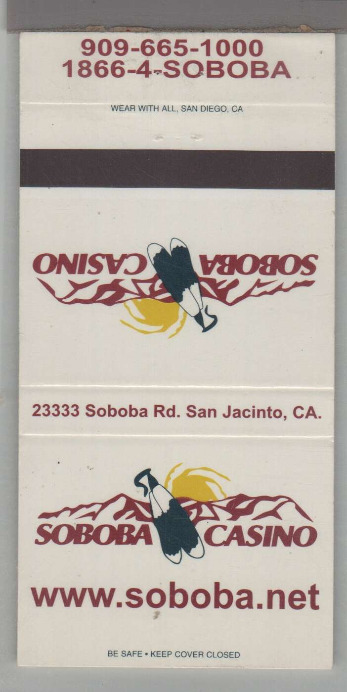 Matchbook Cover - Native American Related Soboba Casino San Jacinto, CA