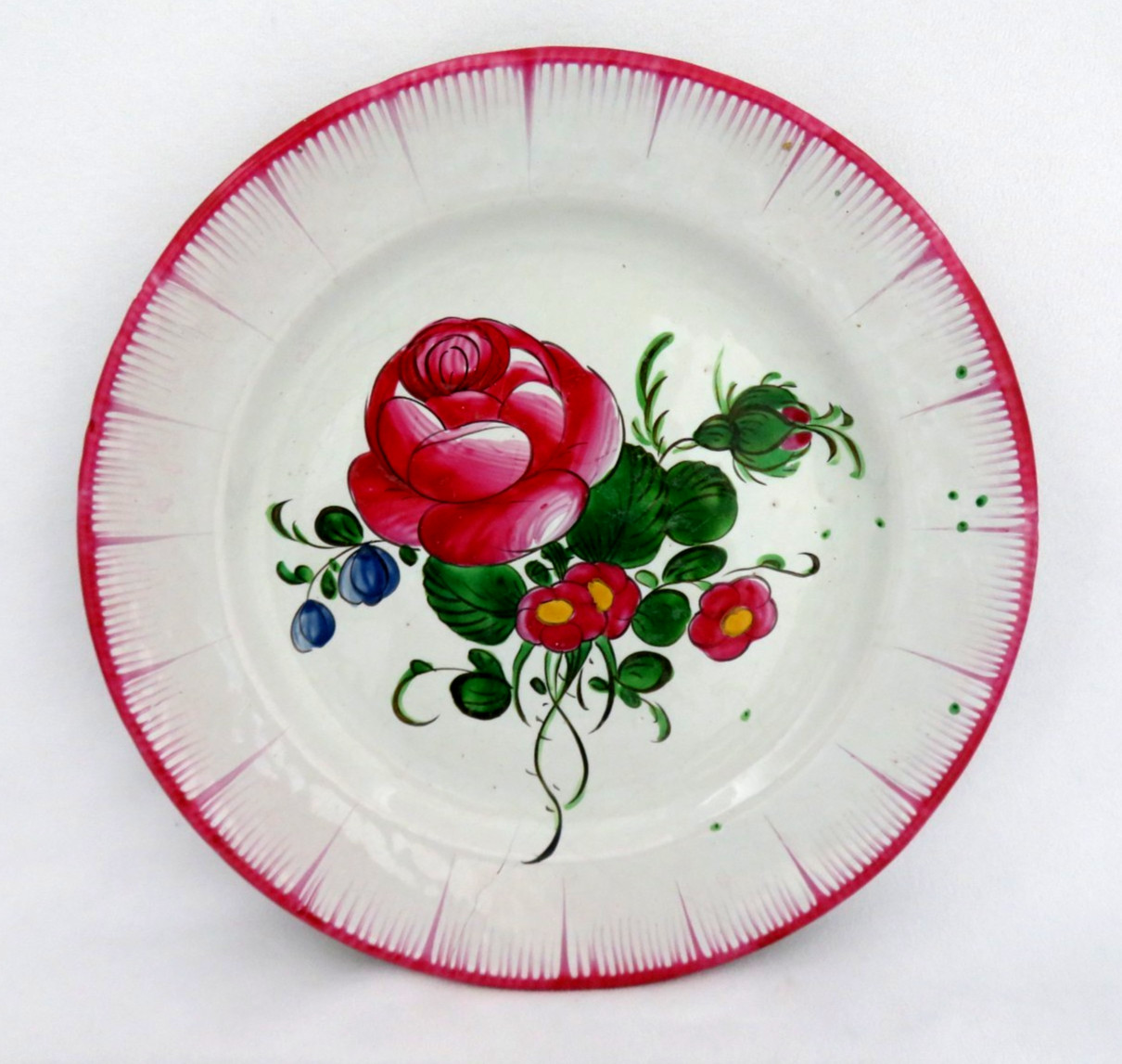 Antique 1800s Les Islettes French Faience Pottery Plate PINK ROSES Combed Edge