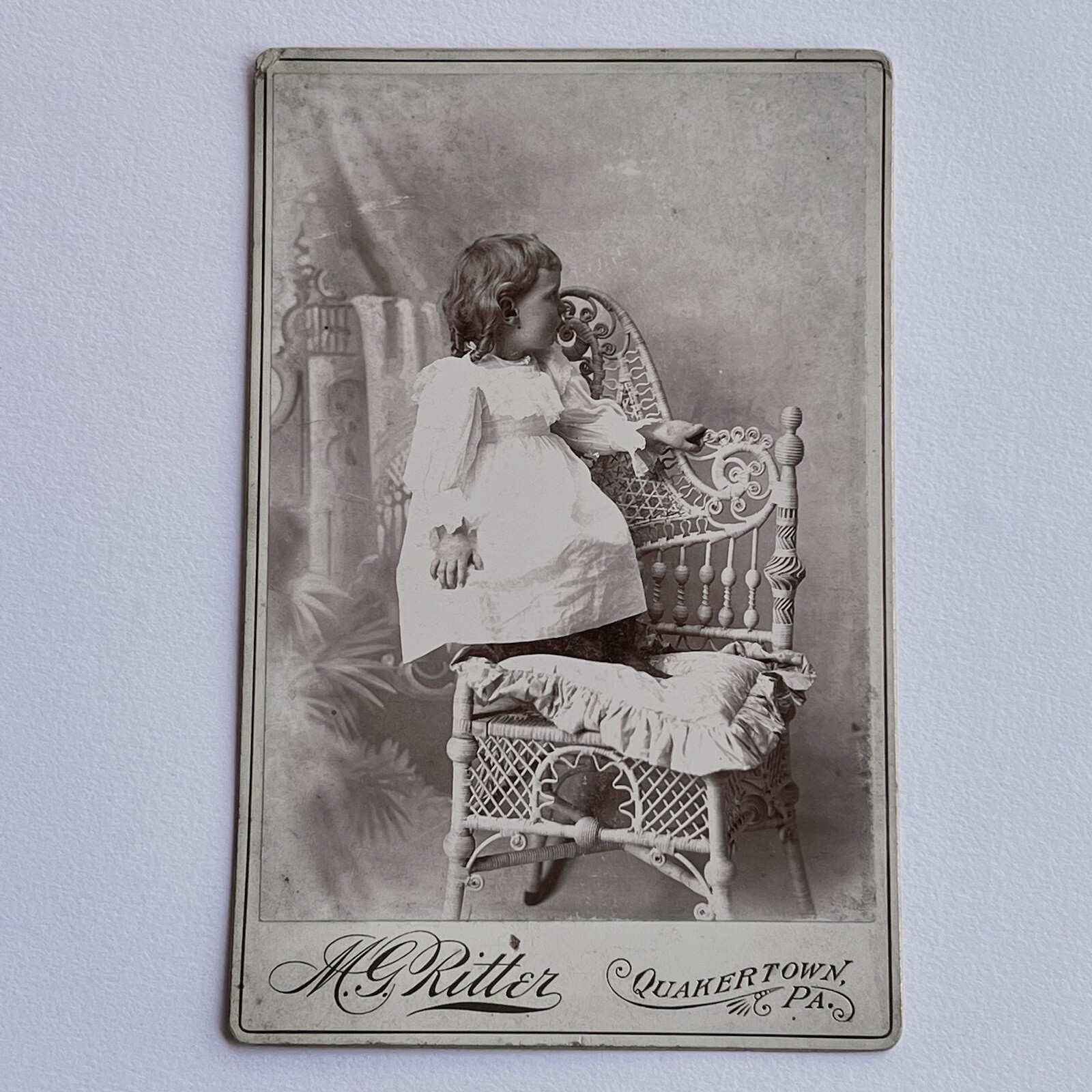 Antique Cabinet Card Photograph Adorable Little Girl Wicker Chair Quakertown PA Antique Cabinet Card Photograph Adorable Little Girl Wicker Chair Quakertown PA