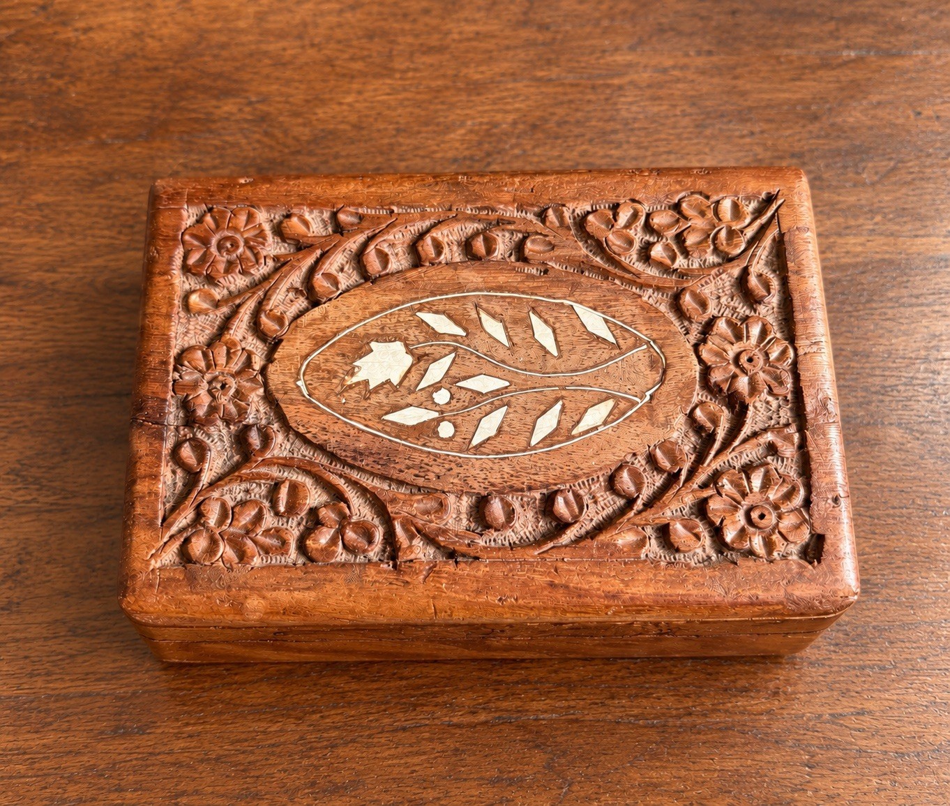 Vintage Hand Carved Sheesham Wood Jewelry Box 