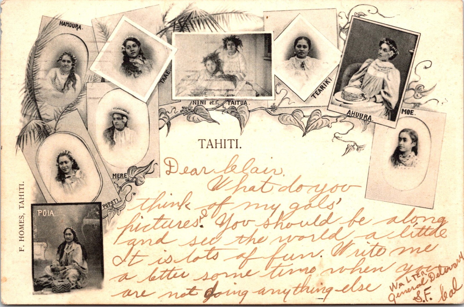 PRETTY WOMEN OF TAHITI : PHOTOS BY F. HOMES : CUTE MESSAGE : RPPC : 1907