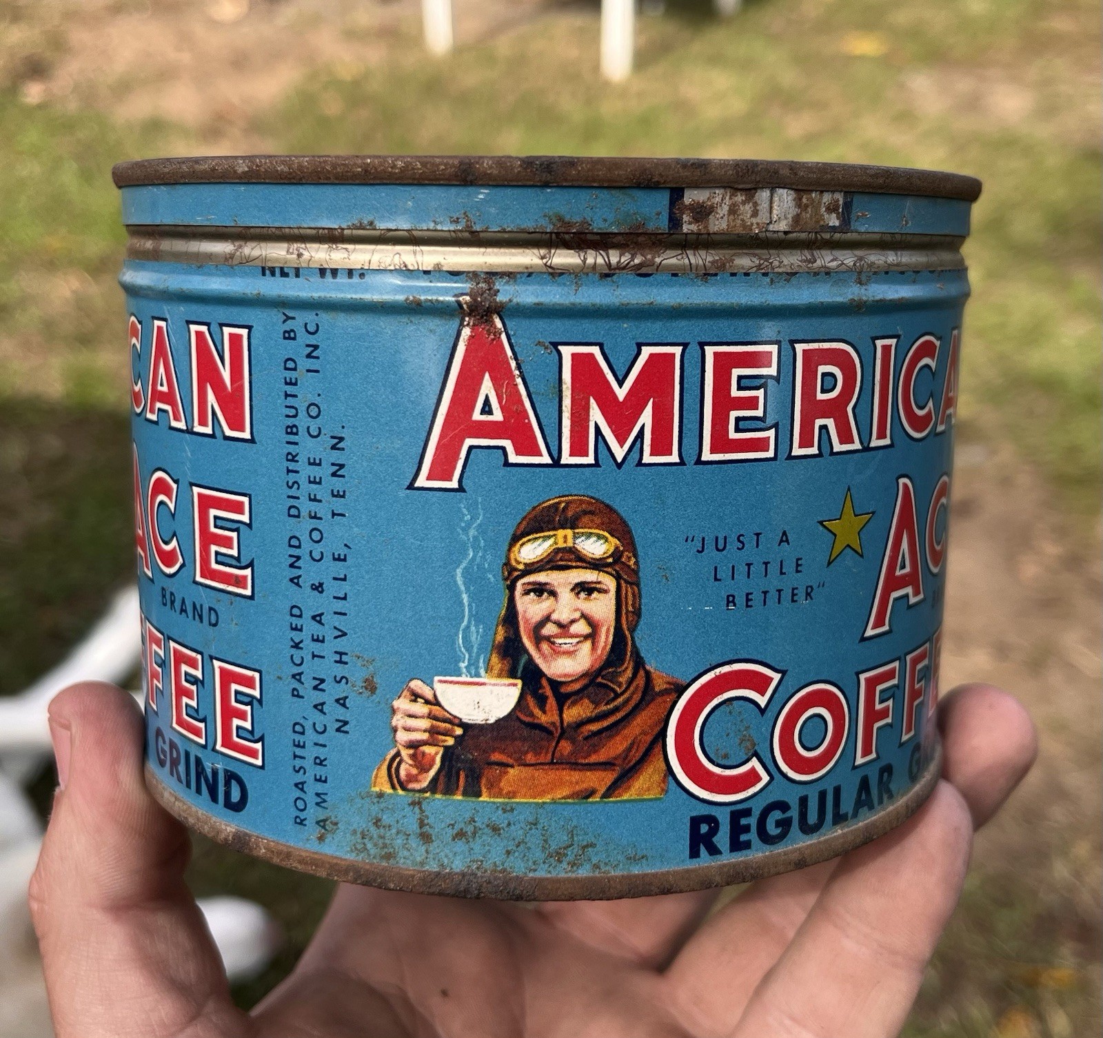 Antique 1930s American Ace Coffee Airplane Pilot Advertising Tin Nashville TN Antique 1930s American Ace Coffee Airplane Pilot Advertising Tin Nashville TN