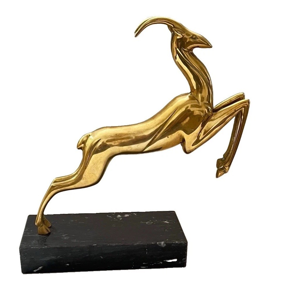 Vintage Brass Leaping Gazelle Antelope Statue Dart Ind. Black Marble Base 11" H Vintage Brass Leaping Gazelle Antelope Statue Dart Ind. Black Marble Base 11" H