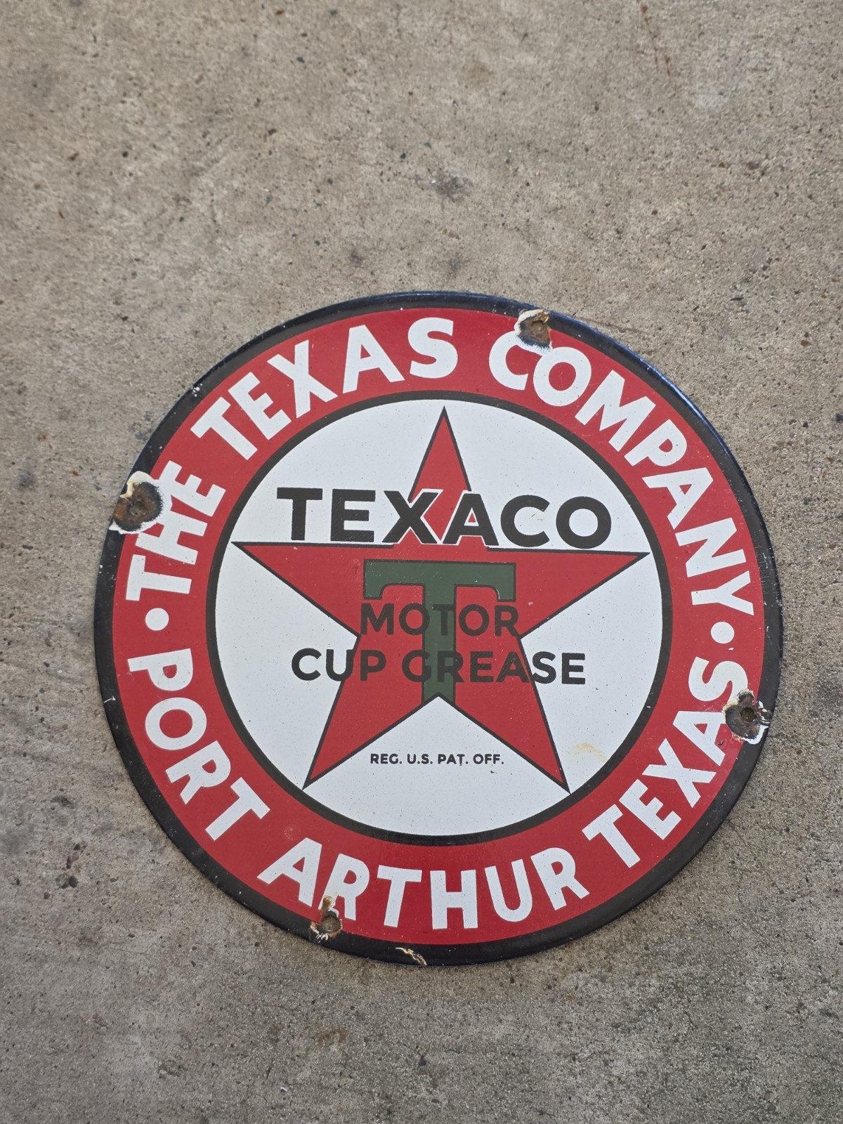 VINTAGE TEXACO MOTOR CUP GREASE PORCELAIN SIGN PORT ARTHUR TEXAS SIGN 12". VINTAGE TEXACO MOTOR CUP GREASE PORCELAIN SIGN PORT ARTHUR TEXAS SIGN 12".