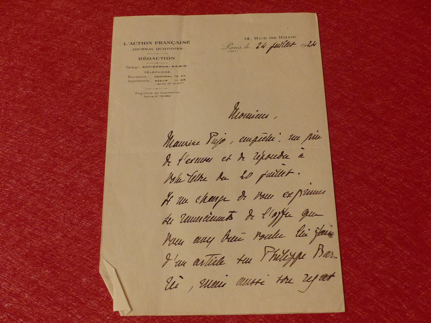 Signed Letter Autographed Maurice Tissier De Mallera 1924 Action Française
