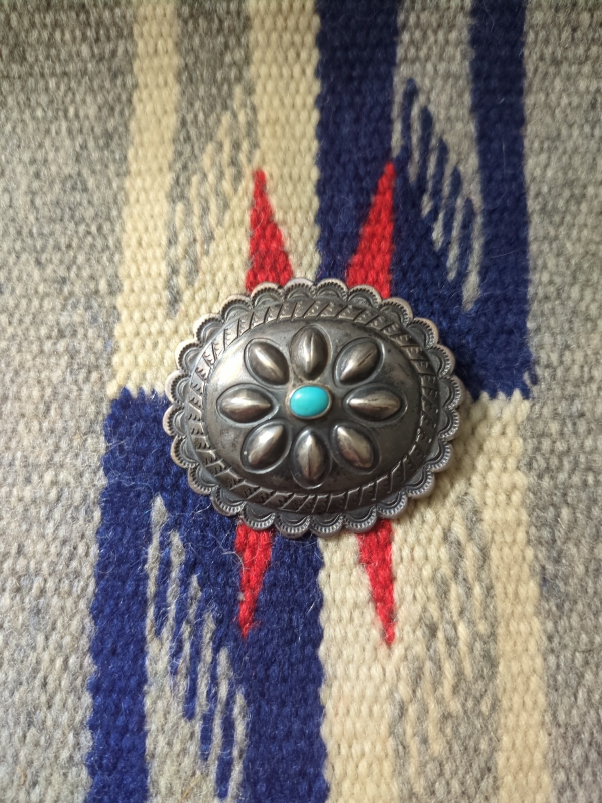 Vintage hand tooled Native American Concho Pin Sterling & Turquoise