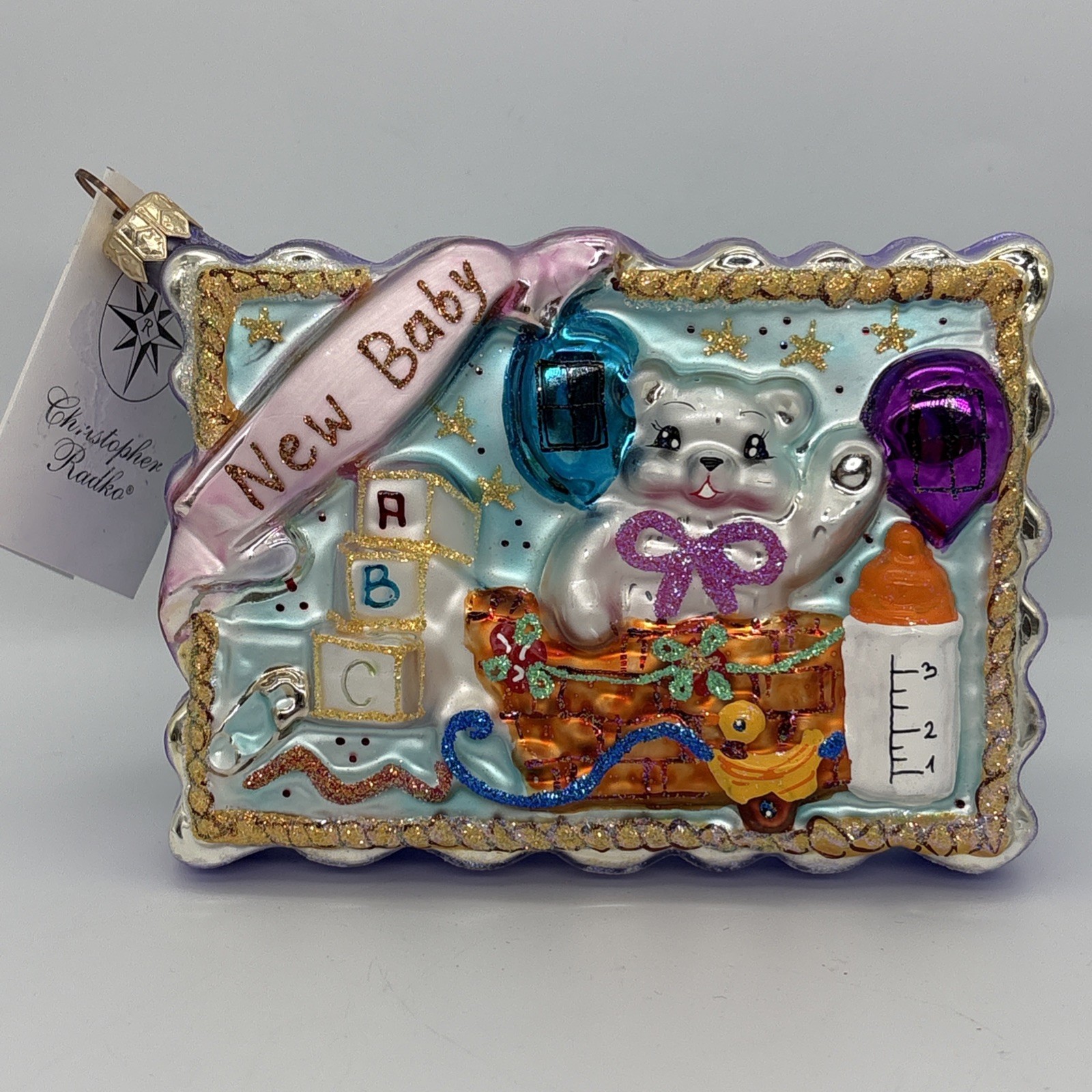Vtg Rare Christopher Radko Postcard Glass Xmas Ornament Bundle of Joy New Baby