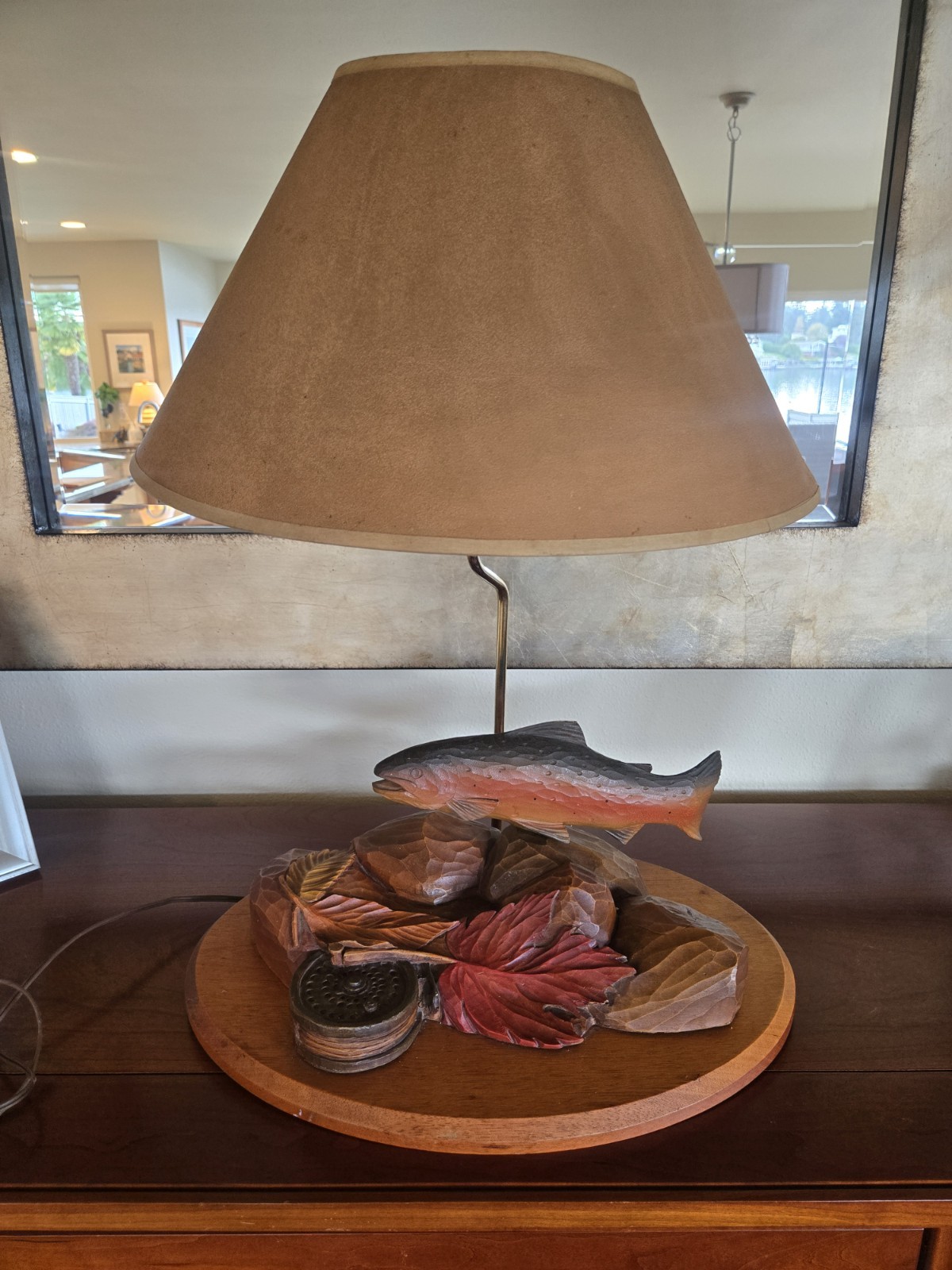 Big Sky Carvers Carved Fish Wood Accent Lamp, Brown with Cone Shade Big Sky Carvers Carved Fish Wood Accent Lamp, Brown with Cone Shade