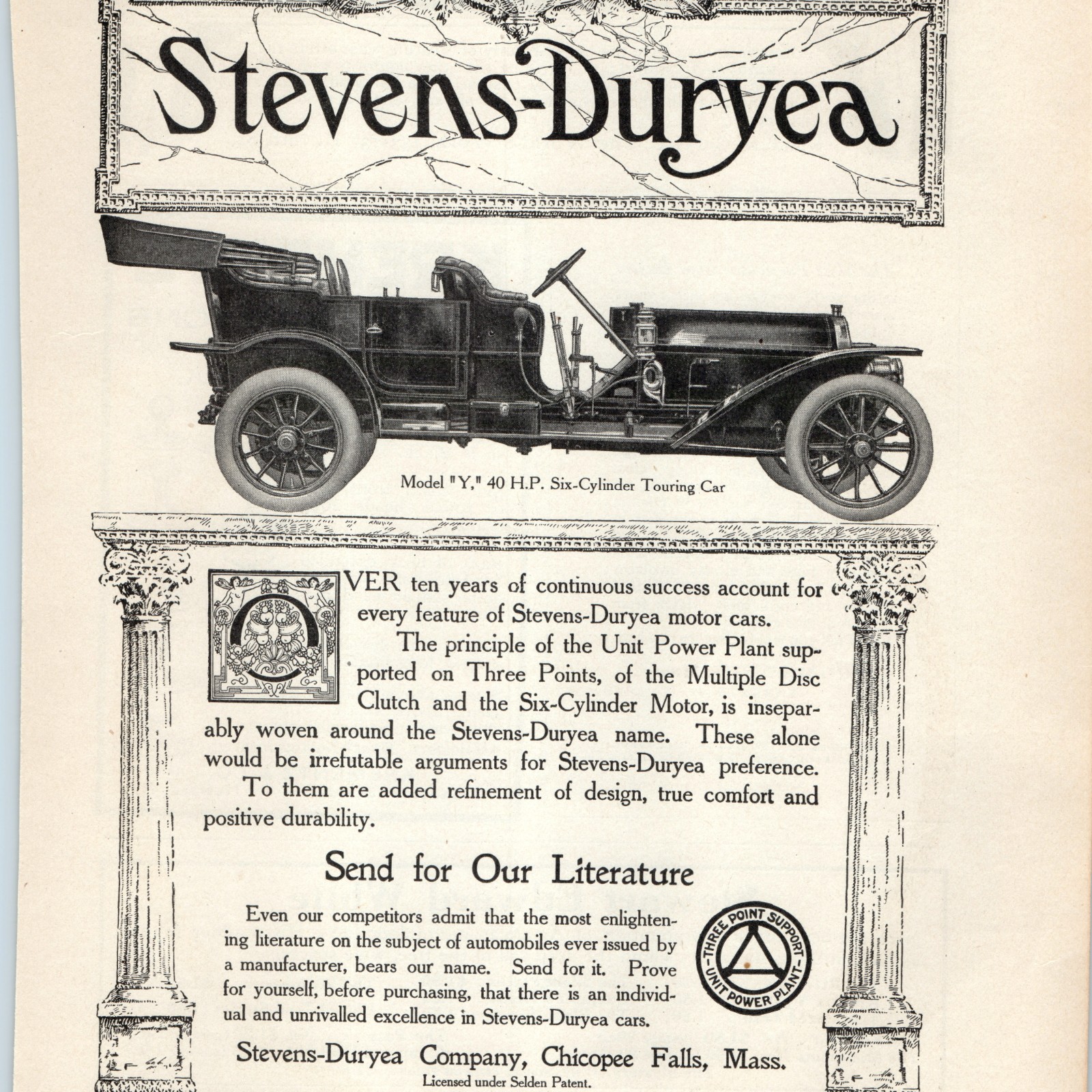 c1910s Stevens-Duryea Model Y 40-HP Six-Cylinder Touring Car Print Ad MA Vtg c1910s Stevens-Duryea Model Y 40-HP Six-Cylinder Touring Car Print Ad MA Vtg