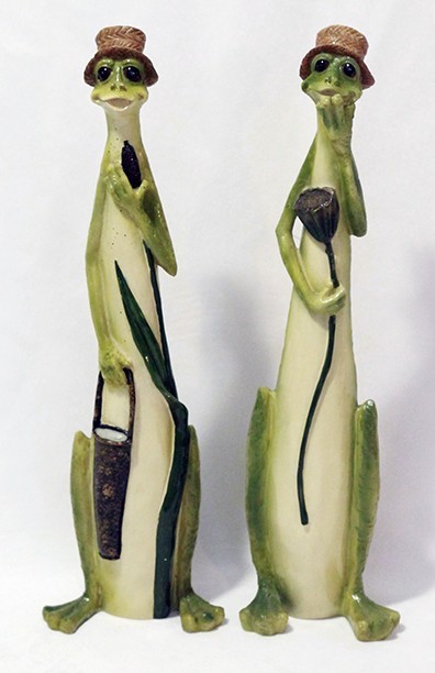Vintage Pair Green Long Tall Gardening Frog Figurines  by Seymour Mann 15 Inches