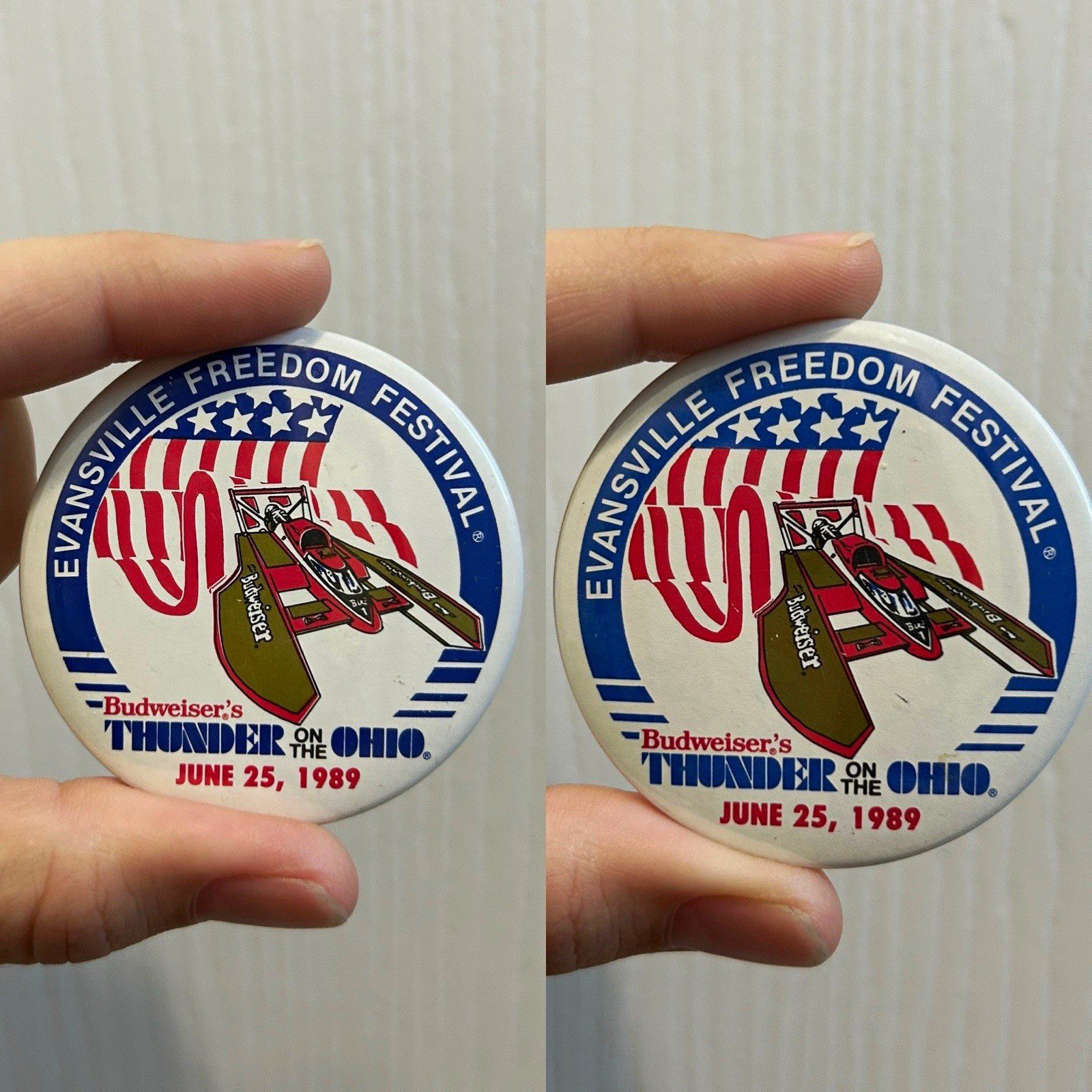 Vtg 1989 Budweiser Thunder Ohio Evansville Festival Pinback Button Lot of 2 Vtg 1989 Budweiser Thunder Ohio Evansville Festival Pinback Button Lot of 2