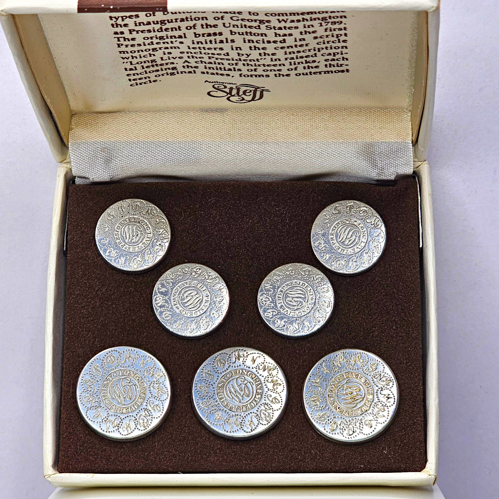 Stieff Smithsonian Washington Inaugural Etched Pewter Blazer Buttons Set of 7 Stieff Smithsonian Washington Inaugural Etched Pewter Blazer Buttons Set of 7