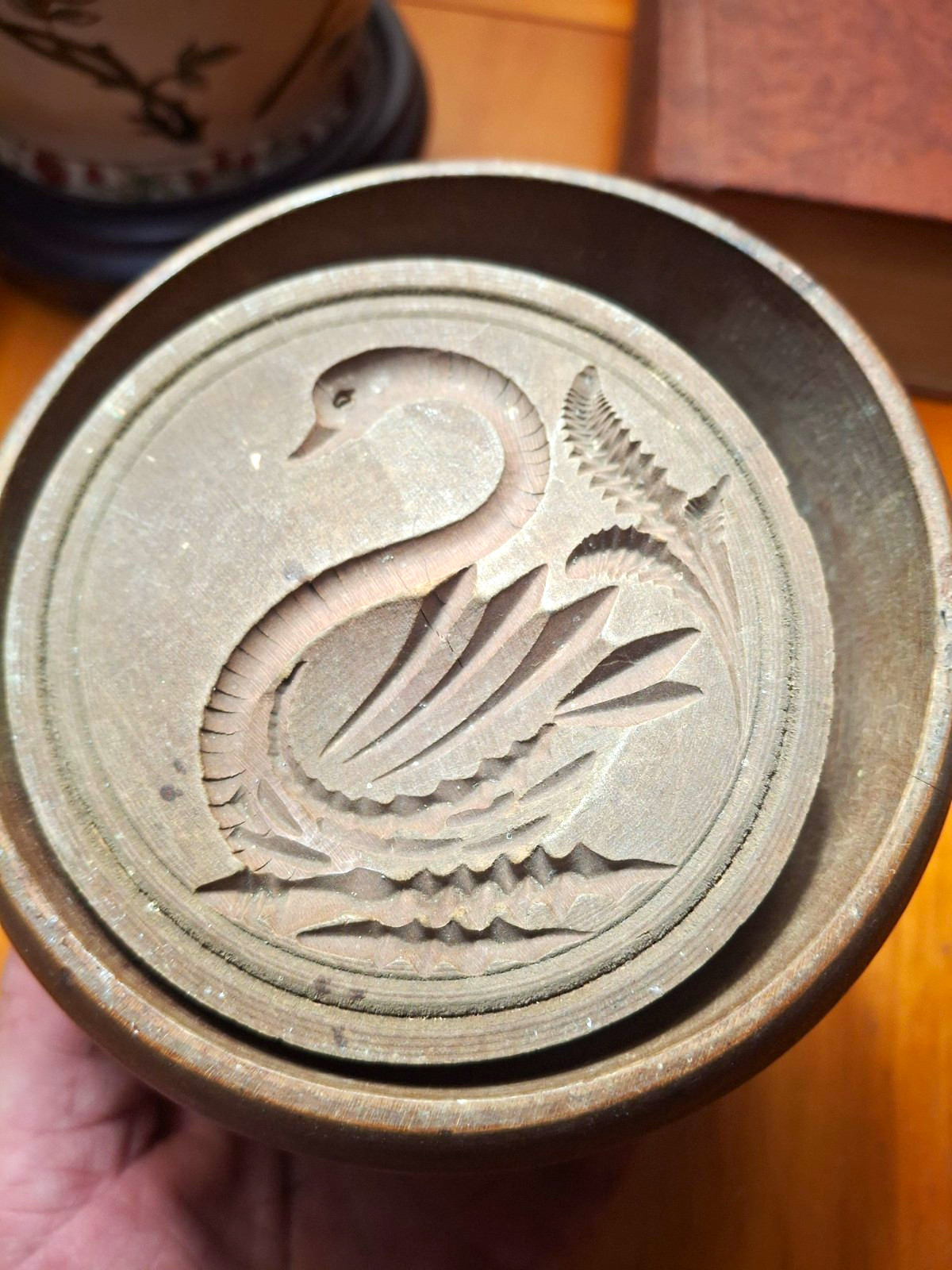 Antique primitive 4" Wooden Round Swan Butter Mold Press Set w/ Handle Lid Base Antique primitive 4" Wooden Round Swan Butter Mold Press Set w/ Handle Lid Base