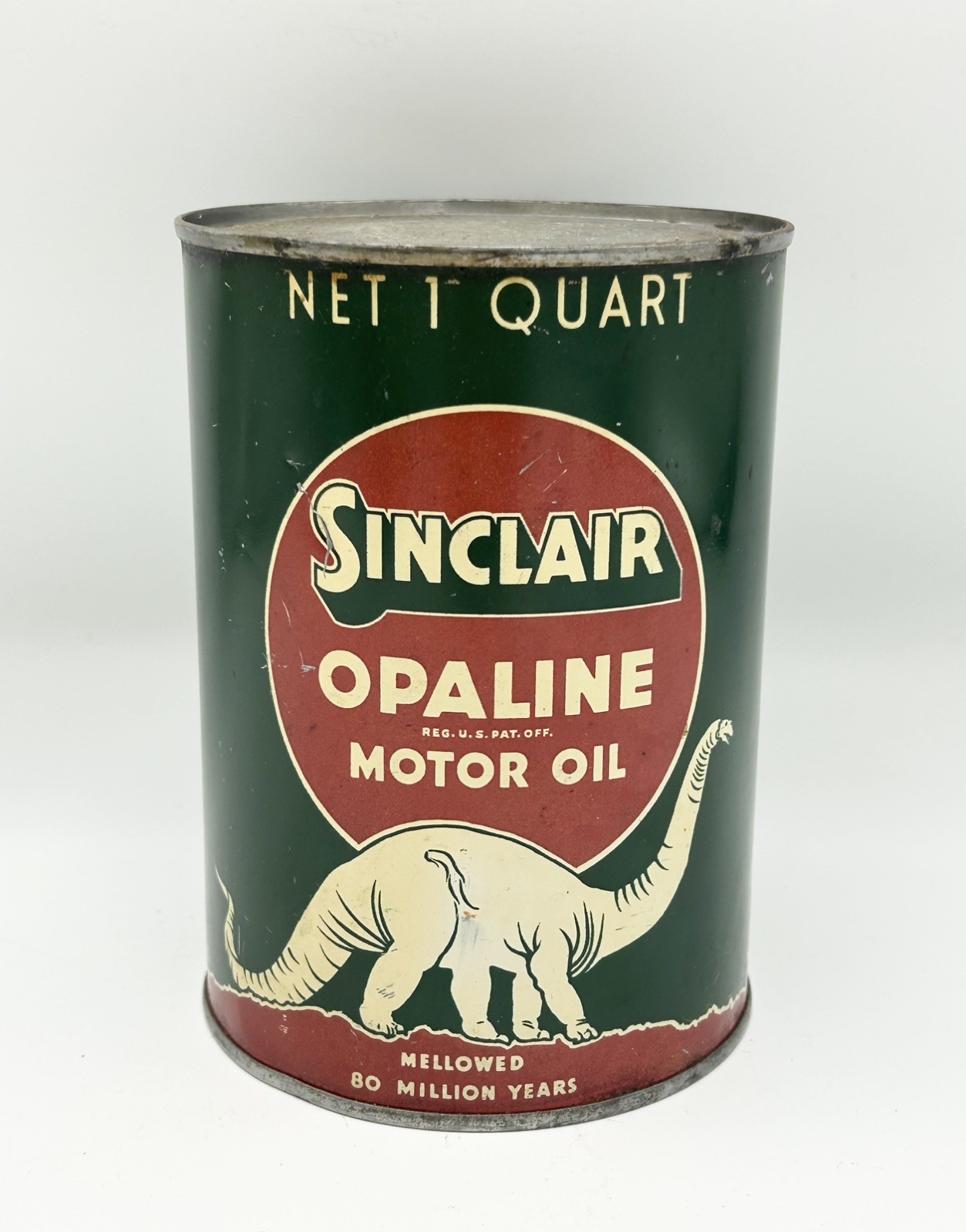 RARE 1930s Sinclair Opaline FULL 1 Quart Dinosaur Advertising Gas Oil Can RARE 1930s Sinclair Opaline FULL 1 Quart Dinosaur Advertising Gas Oil Can