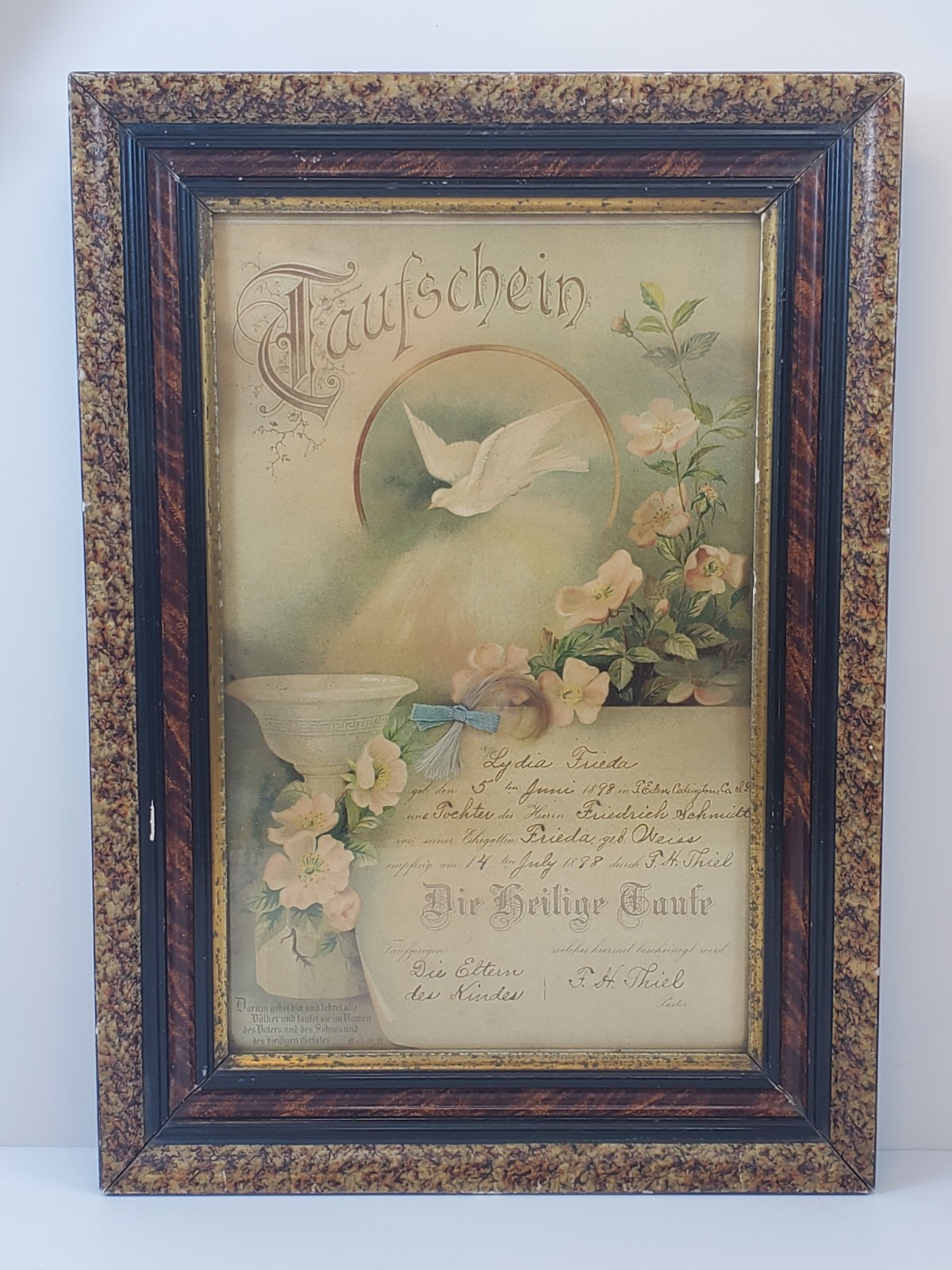 Antique German Baptismal Certificate 1898 Framed 12.5"X 18" With Lock Of Hair Antique German Baptismal Certificate 1898 Framed 12.5"X 18" With Lock Of Hair