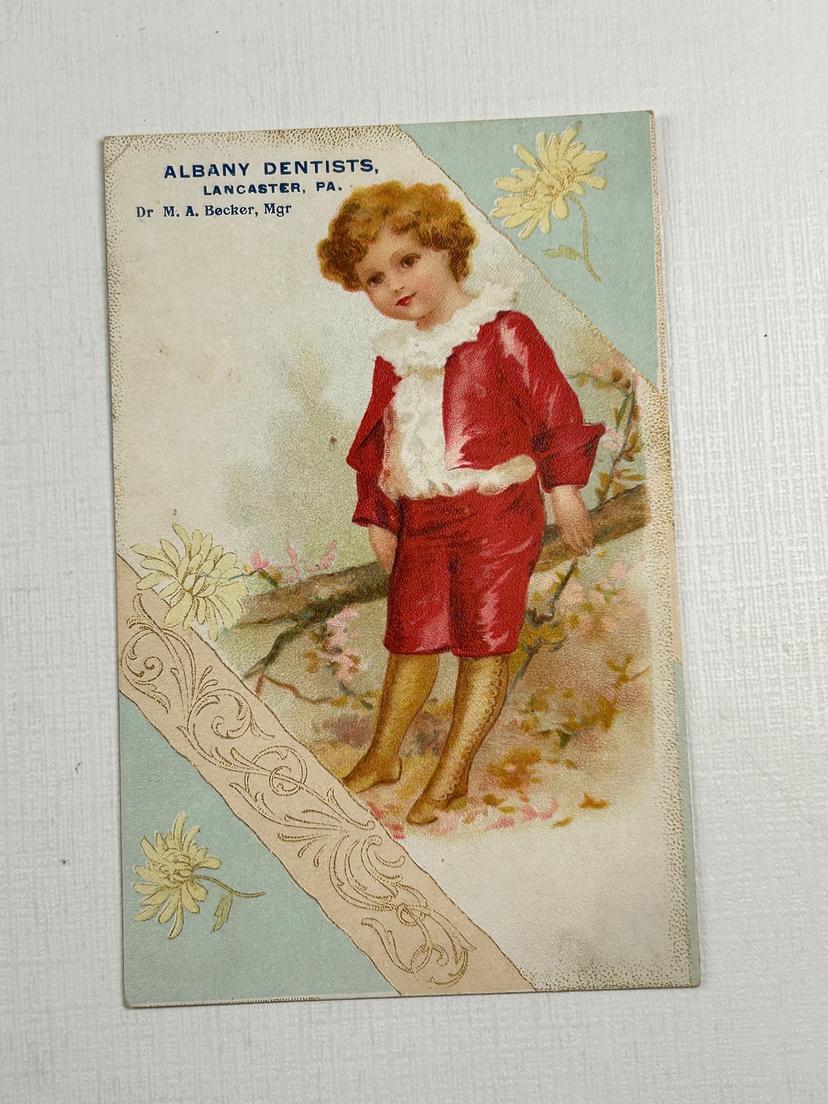 Victorian Trade Card Albany Dentists Lancaster PA Little Boy Red Suit Victorian Trade Card Albany Dentists Lancaster PA Little Boy Red Suit