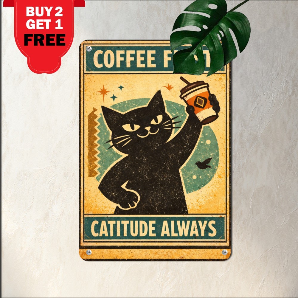 Vintage Black Cat Drinking Coffee Sign Funny Feline Pet Cafe Metal Tin Plaque Vintage Black Cat Drinking Coffee Sign Funny Feline Pet Cafe Metal Tin Plaque