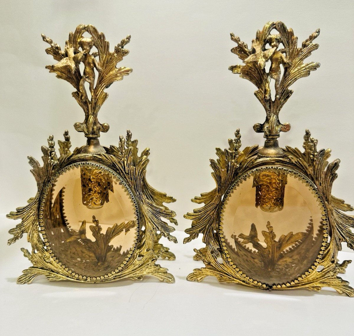 RARE Vintage GOLD CHERUB 2 Perfume Bottle AMBER GLASS VANITY Hollywood RARE Vintage GOLD CHERUB 2 Perfume Bottle AMBER GLASS VANITY Hollywood