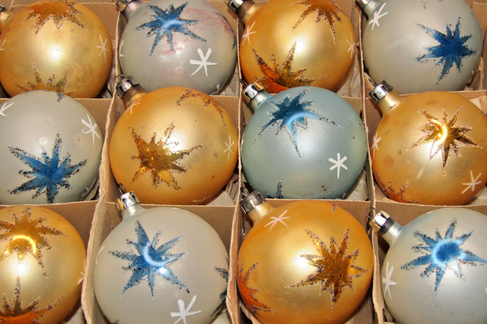 Lot VTG Glass ATOMIC Glitter STAR BALL Christmas Ornaments Poland Gold Blue Lot VTG Glass ATOMIC Glitter STAR BALL Christmas Ornaments Poland Gold Blue