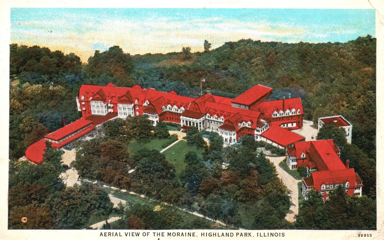 1932 The Moraine High Bluff Aerial View Road Highland Park Illinois IL Postcard