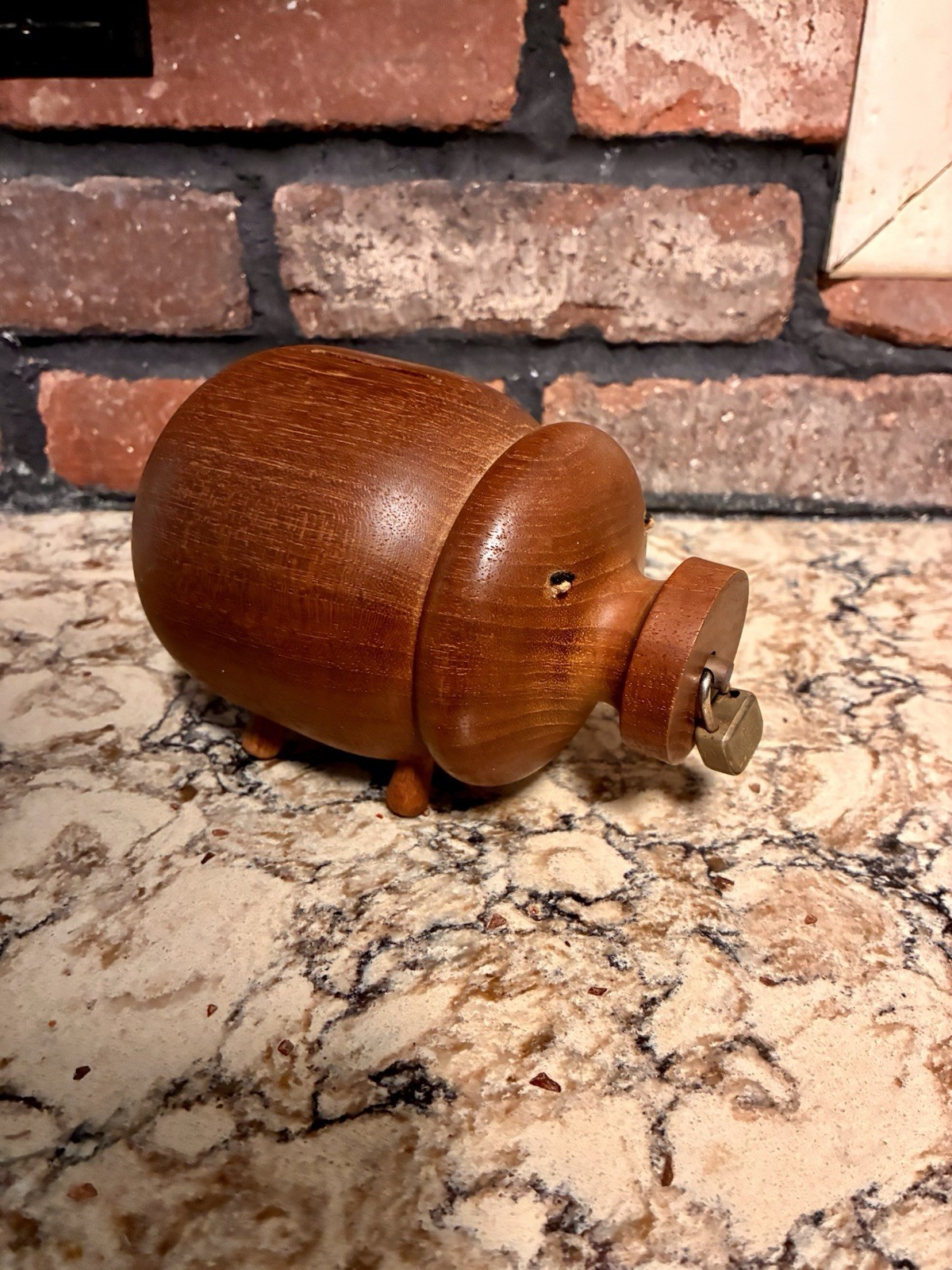 Vintage 1960 Teak Wood Pig Piggy Bank With Lock On Snout • Made In Denmark Vintage 1960 Teak Wood Pig Piggy Bank With Lock On Snout • Made In Denmark