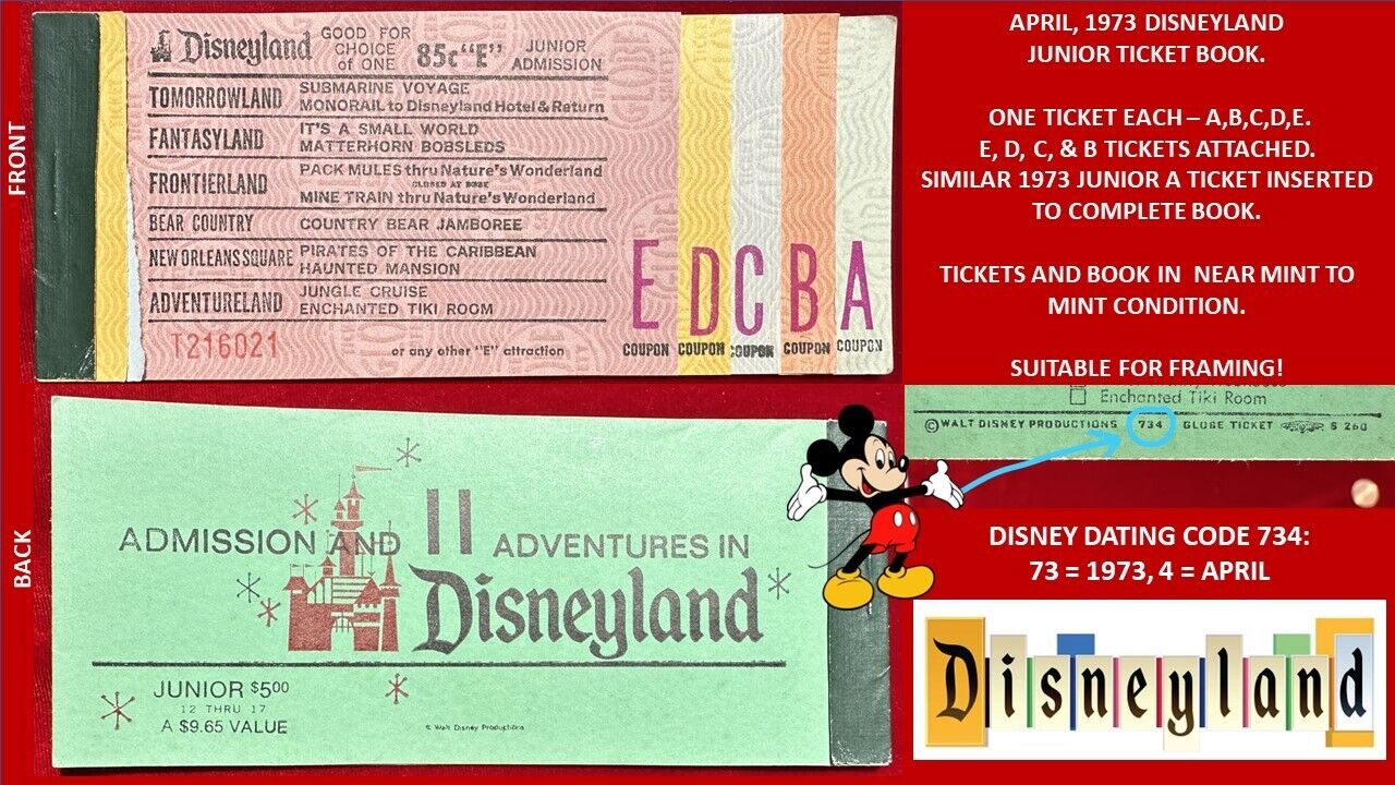 1973 Disneyland JUNIOR A - E Tickets Authentic A B C D E Ticket Book NM - MT  F5