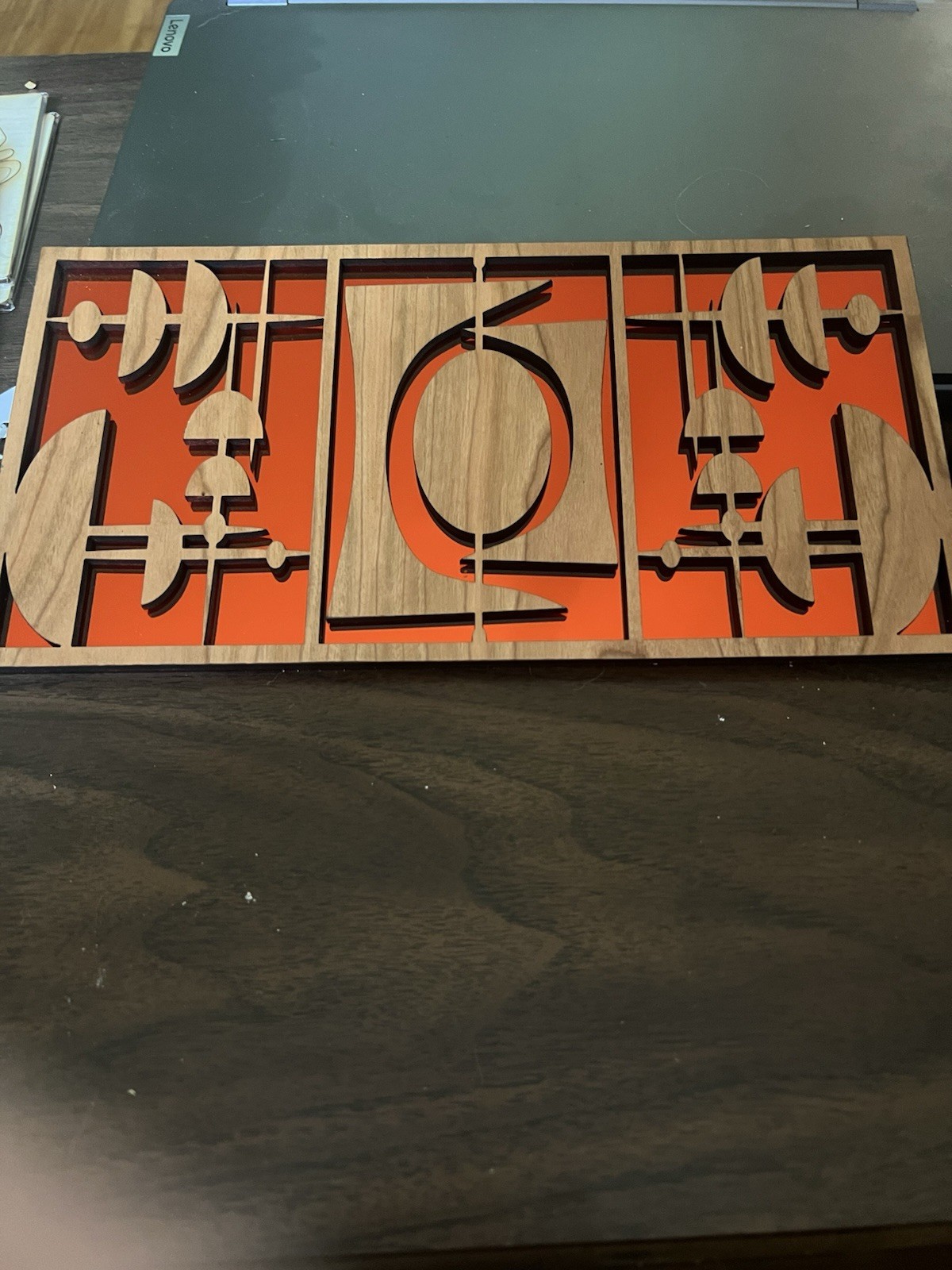 MCM Inspired Wall Decor Plaque Parus Motif Cherry Plywood With Orange Mirror MCM Inspired Wall Decor Plaque Parus Motif Cherry Plywood With Orange Mirror