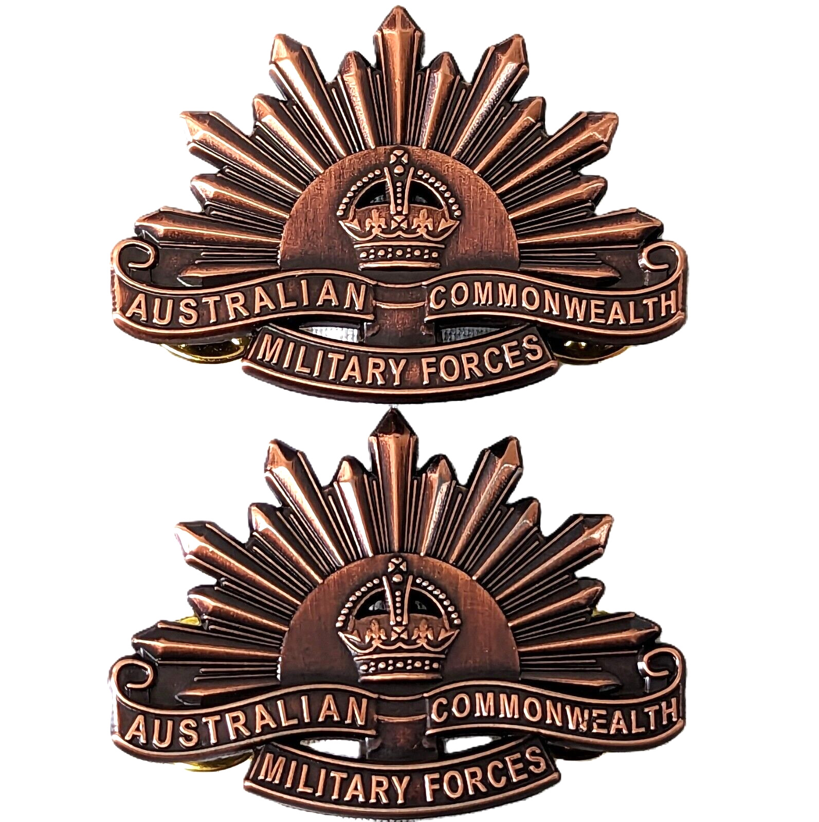 WW1 - WW2 Australian Army rising brown sun collar badges replica AIF ANZAC type WW1 - WW2 Australian Army rising brown sun collar badges replica AIF ANZAC type