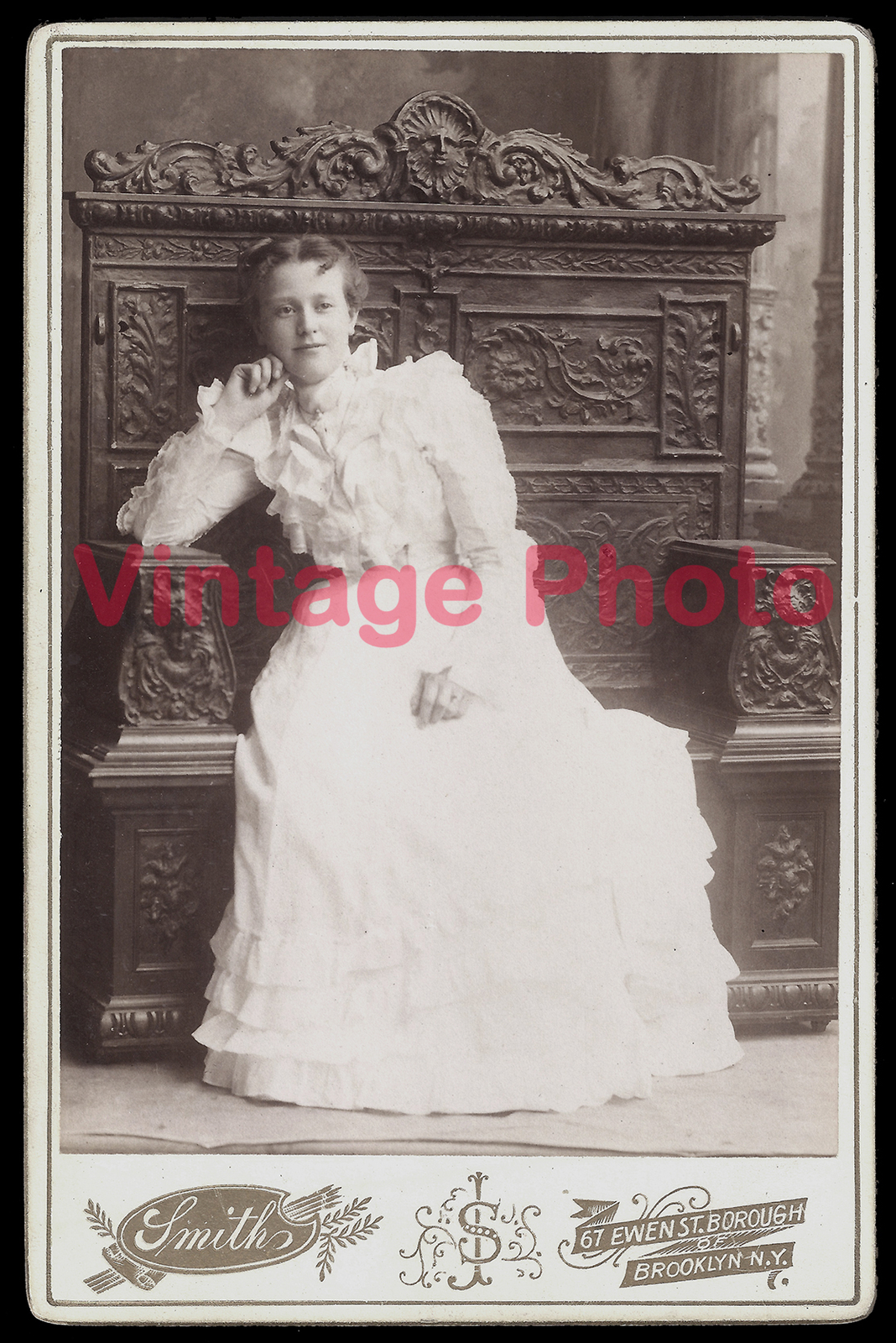 Elegant Young Lady Seated on Elaborately Carved Throne in 1880's Brooklyn NY Elegant Young Lady Seated on Elaborately Carved Throne in 1880's Brooklyn NY