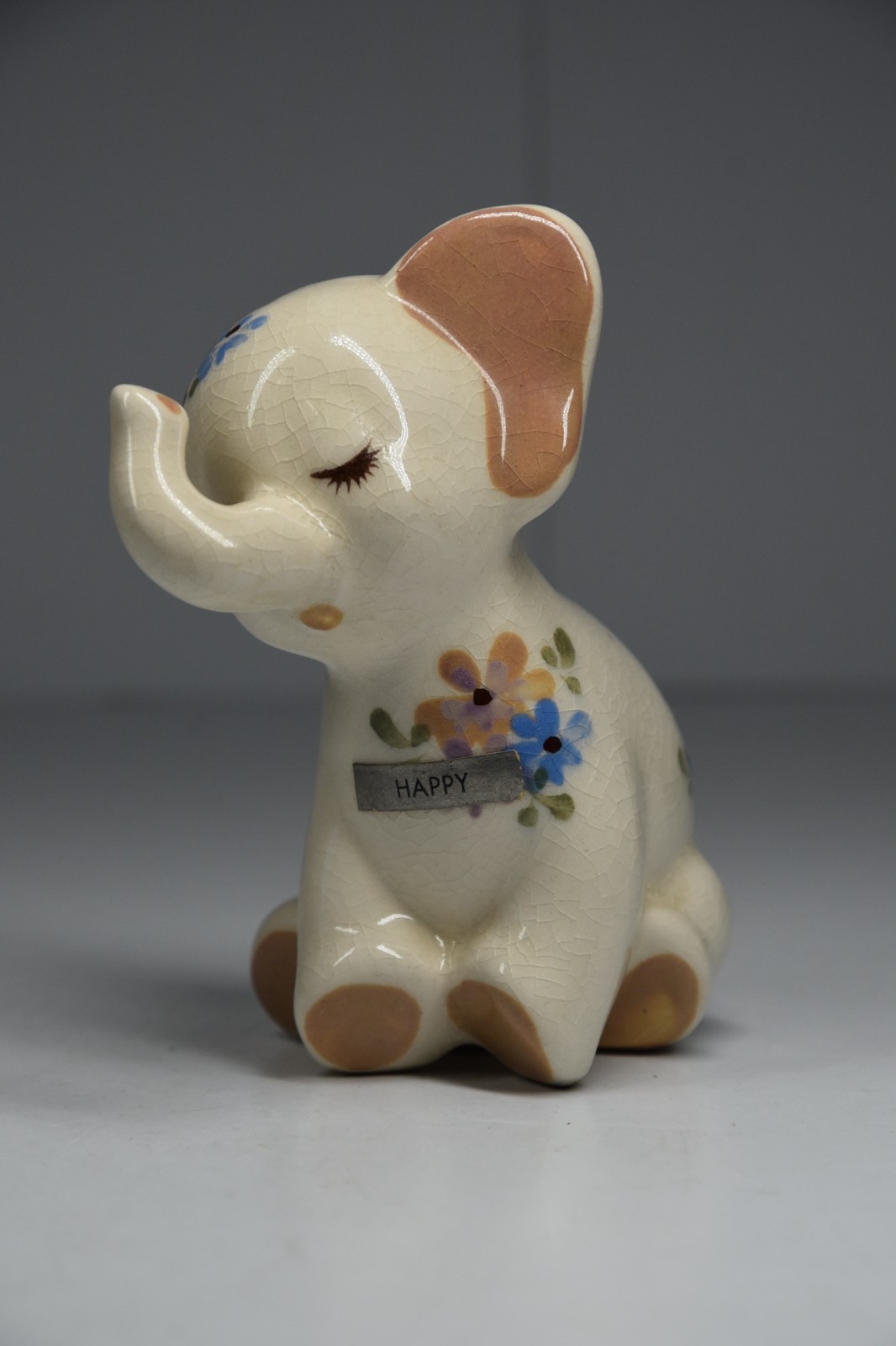 Vintage Happy Elephant Ceramic Figurine Trunk Up Chinese Good Luck Statue Flower Vintage Happy Elephant Ceramic Figurine Trunk Up Chinese Good Luck Statue Flower