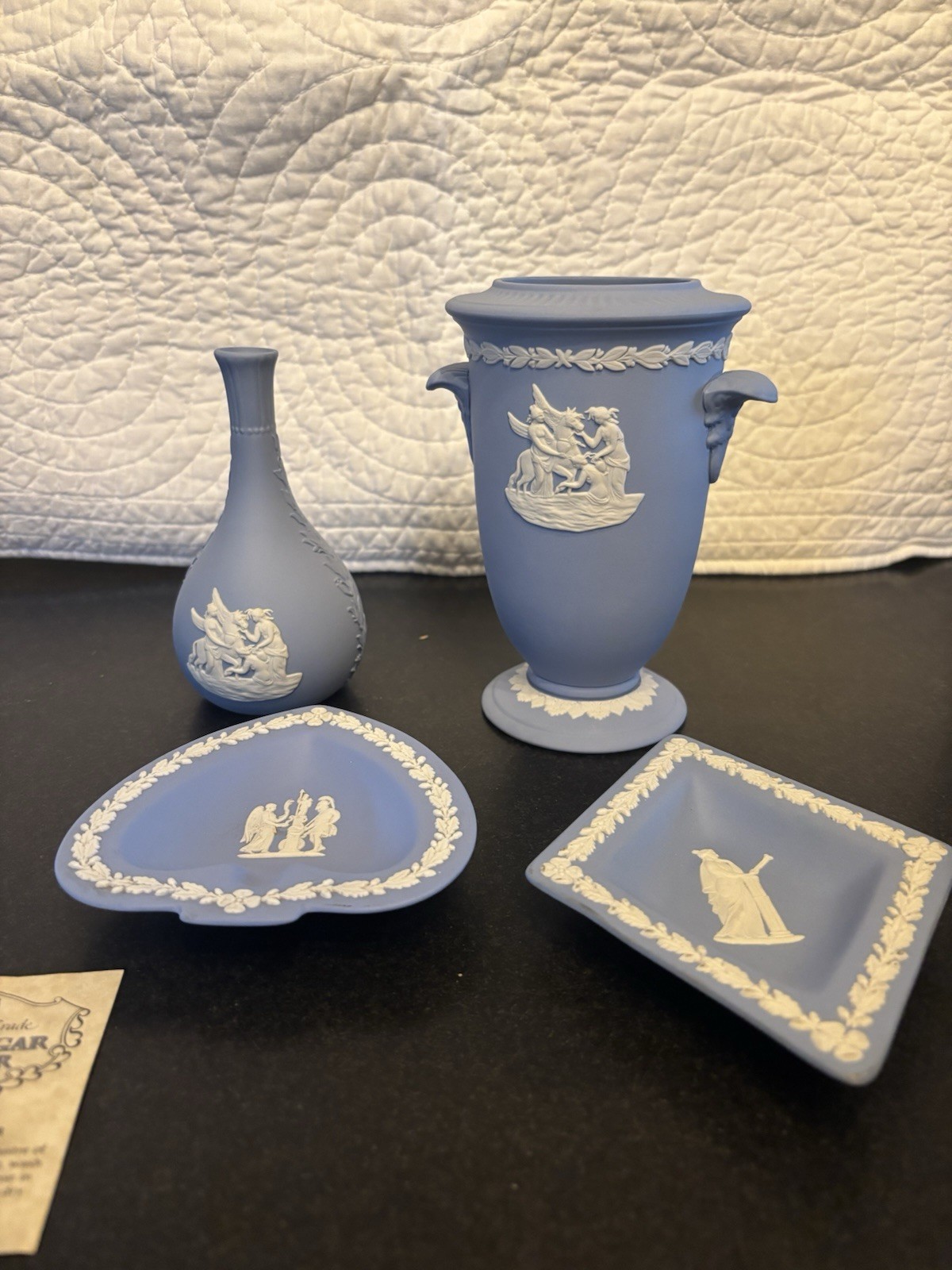 Wedgwood Mullingar Pewter Blue Jasperware Style 4-Pc Neoclassical Vase Dish Set Wedgwood Mullingar Pewter Blue Jasperware Style 4-Pc Neoclassical Vase Dish Set