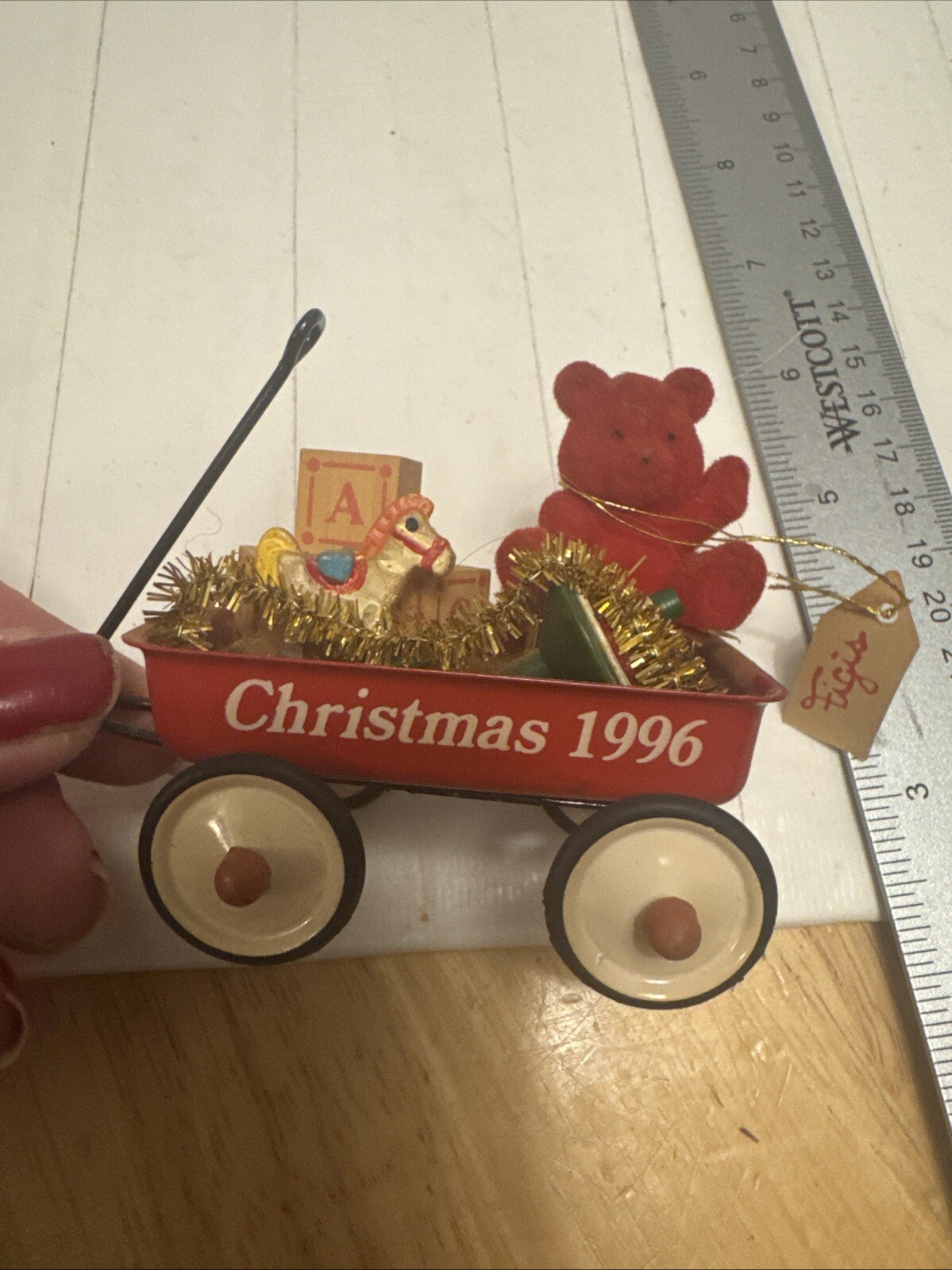 VTG Figi's Red Wagon Christmas 1996 Figurine/Ornament 2.5” Teddy Bear & Presents VTG Figi's Red Wagon Christmas 1996 Figurine/Ornament 2.5” Teddy Bear & Presents