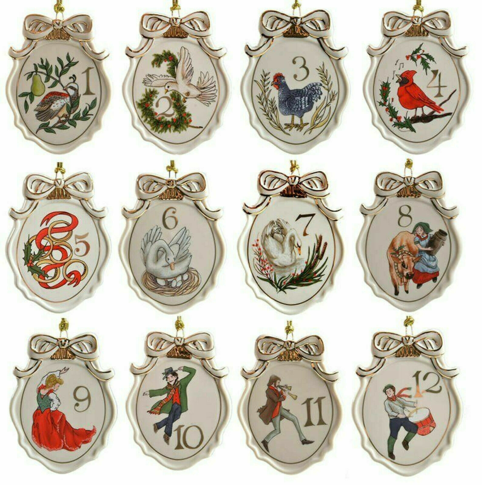 Lenox Twelve Days Of Christmas Ornaments 12 Piece Set Flat Oval Large 3 1/8" NEW